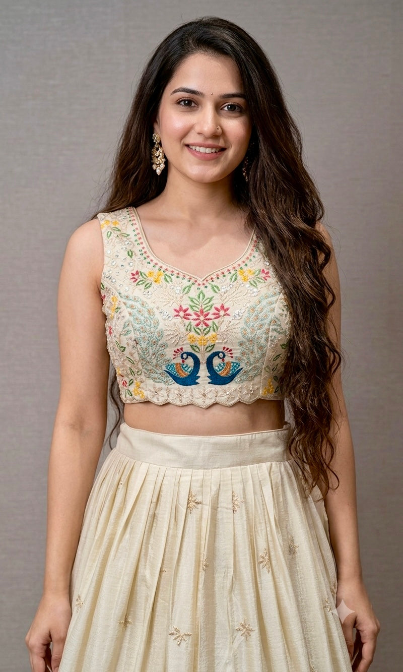 Cream Lehenga WITH PEACOCK DESIGN