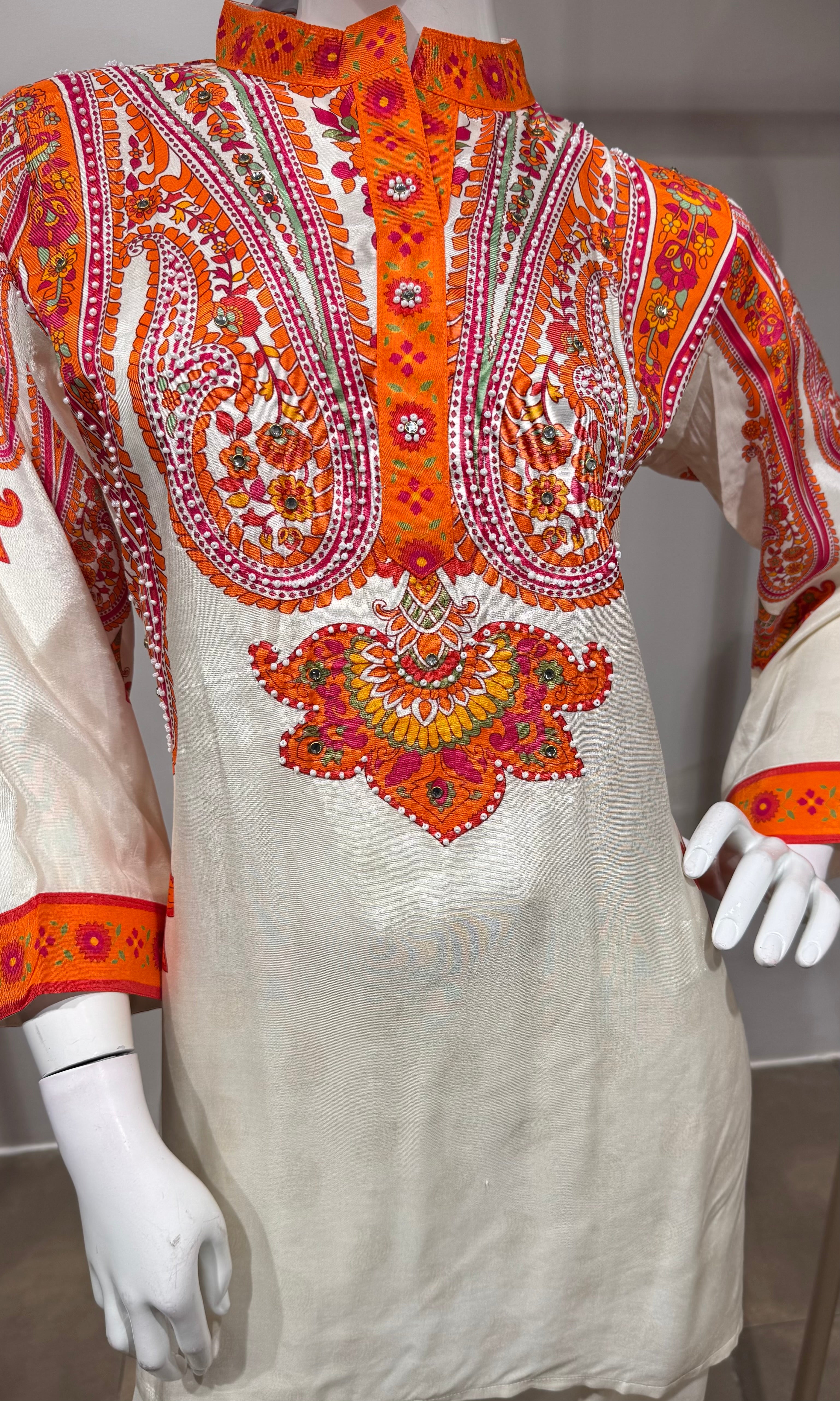 Classic White Orange Ethnic Printed Cord set