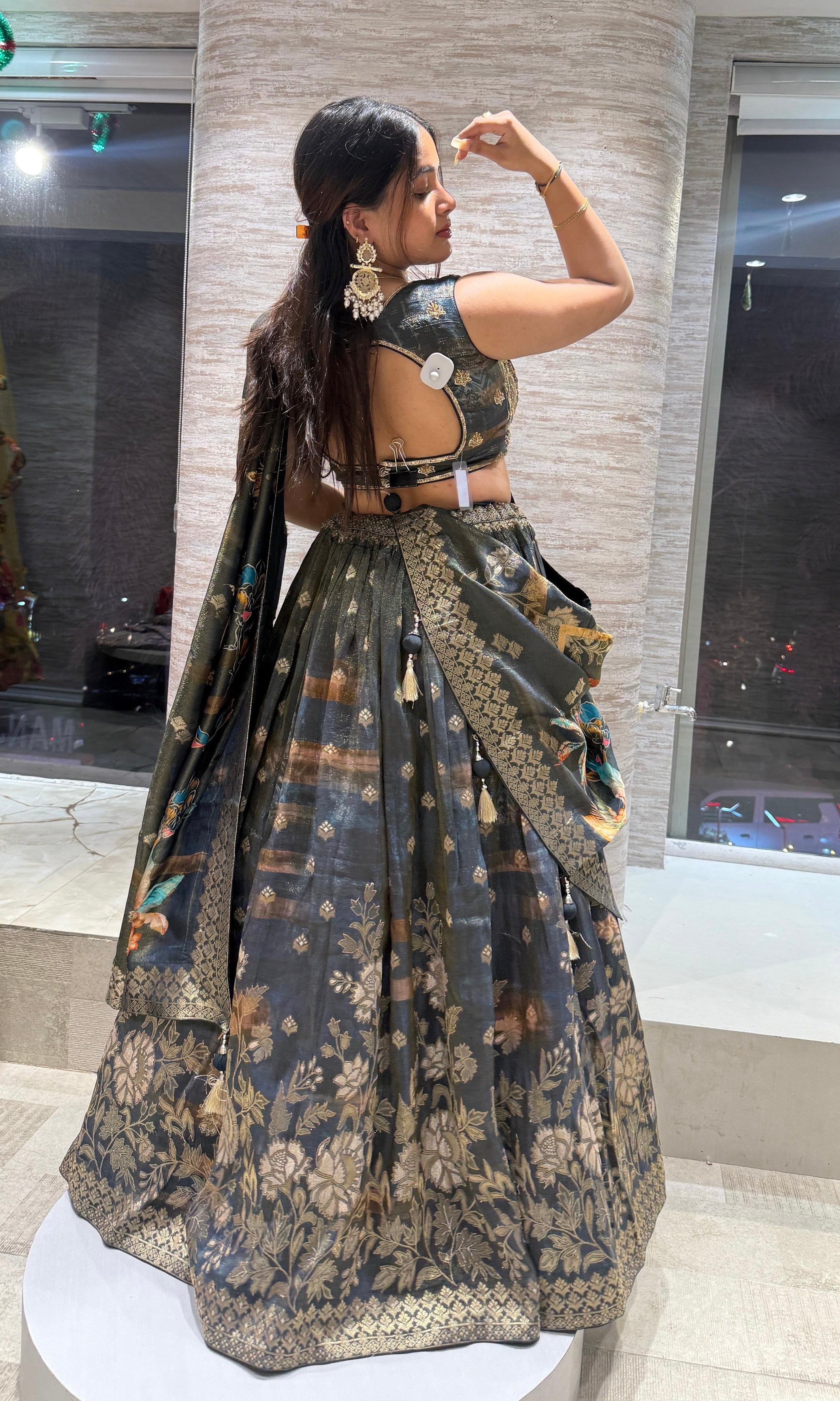 Green gold floral embroidered Lehenga