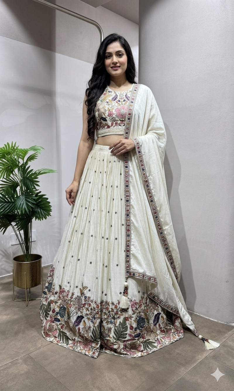 Cream lehenga set with Embroidered Lehenga