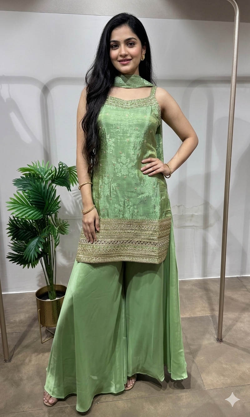 Green Embroidered Sharara Suit