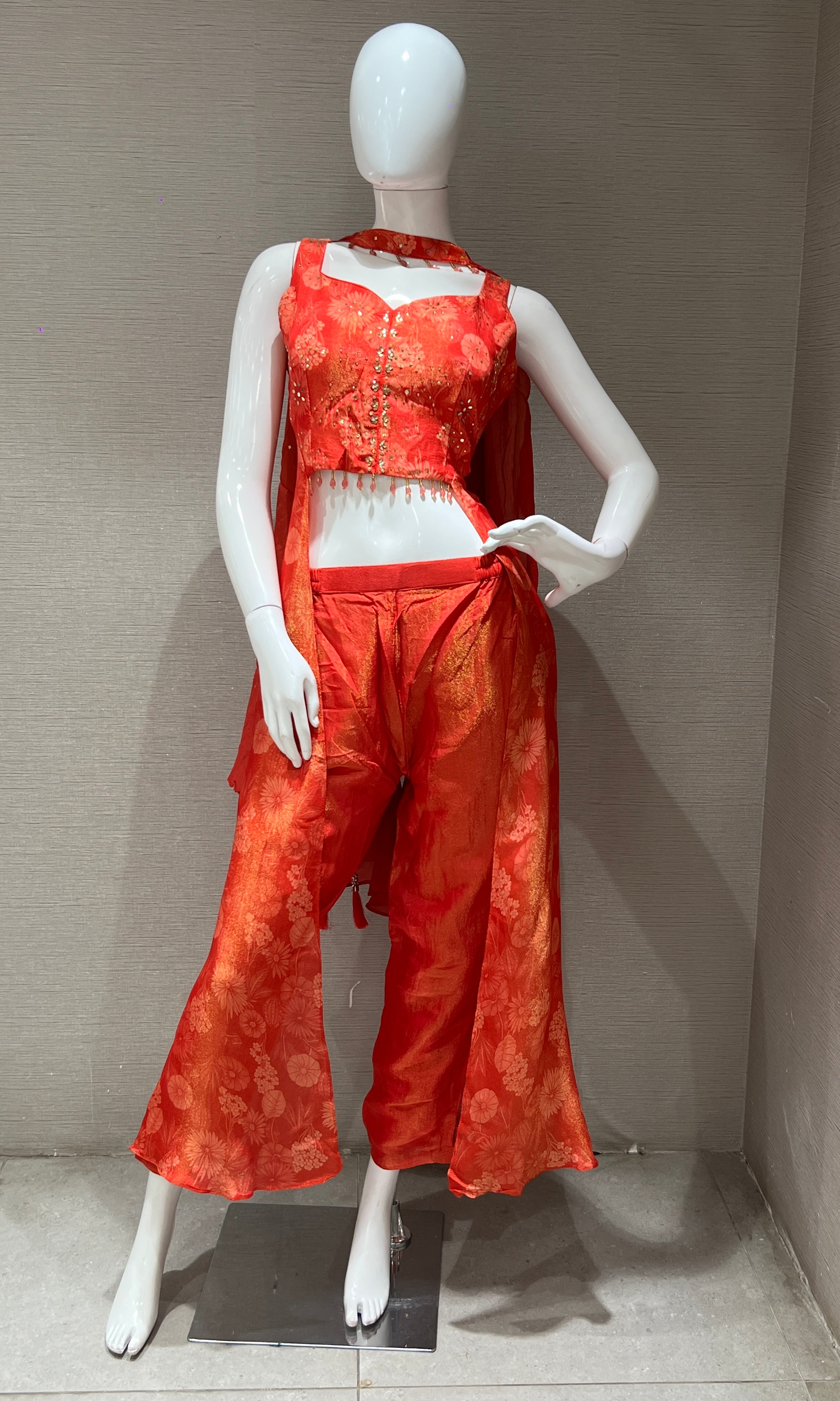 Orange floral print tissue indo western set
