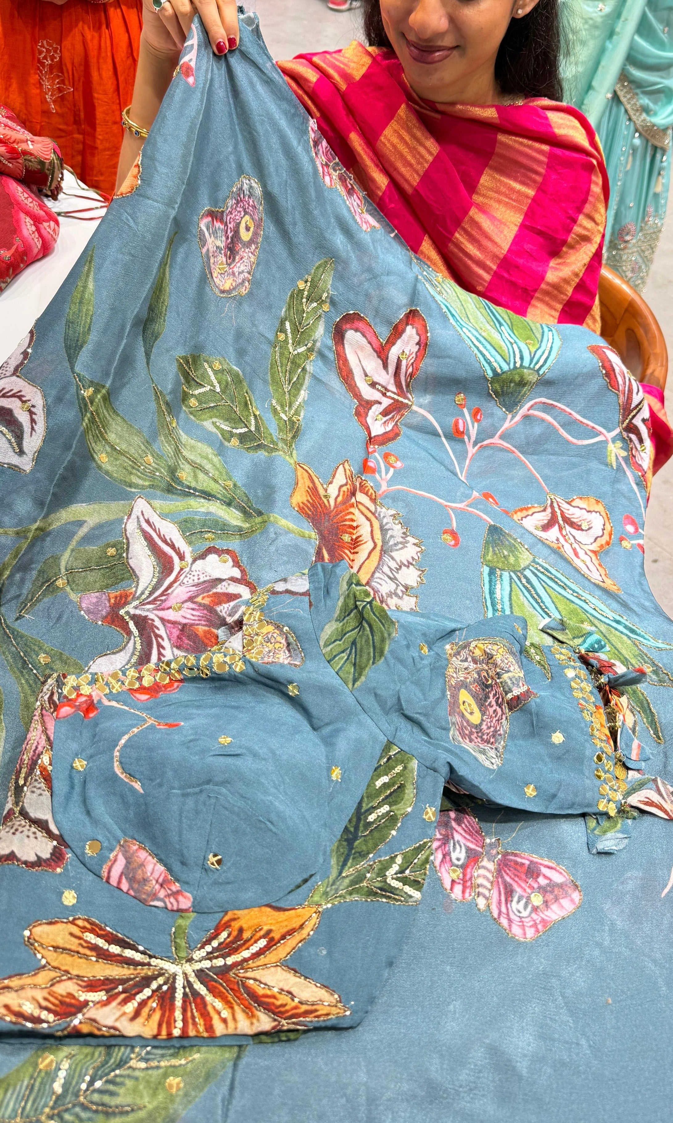 Blue Floral Elegance Saree with ready blouse