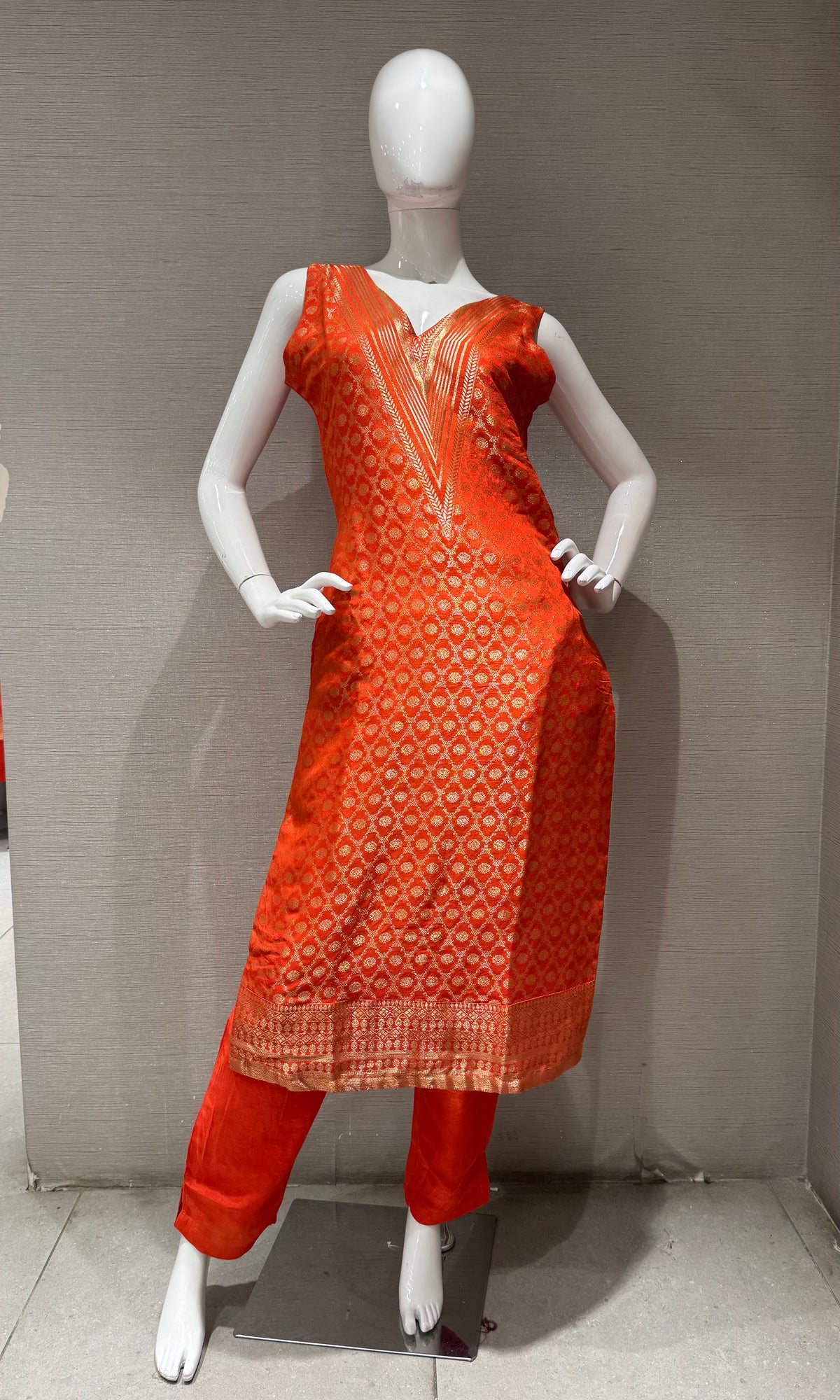 Orange Golden Embroidered Kurta Set with Dupatta