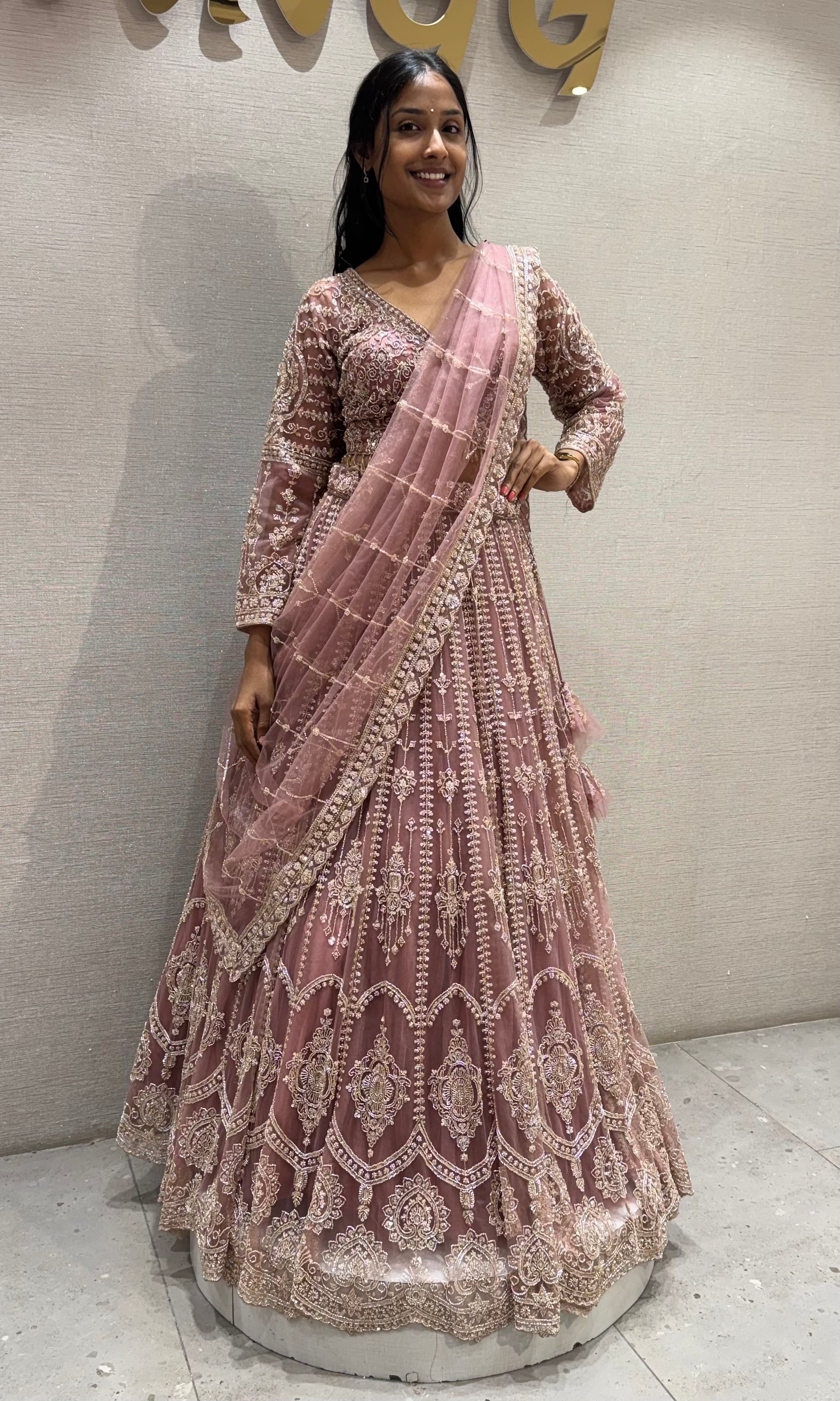 Pastel Rose pink Net Lehenga with Full Embroidered Sleeves