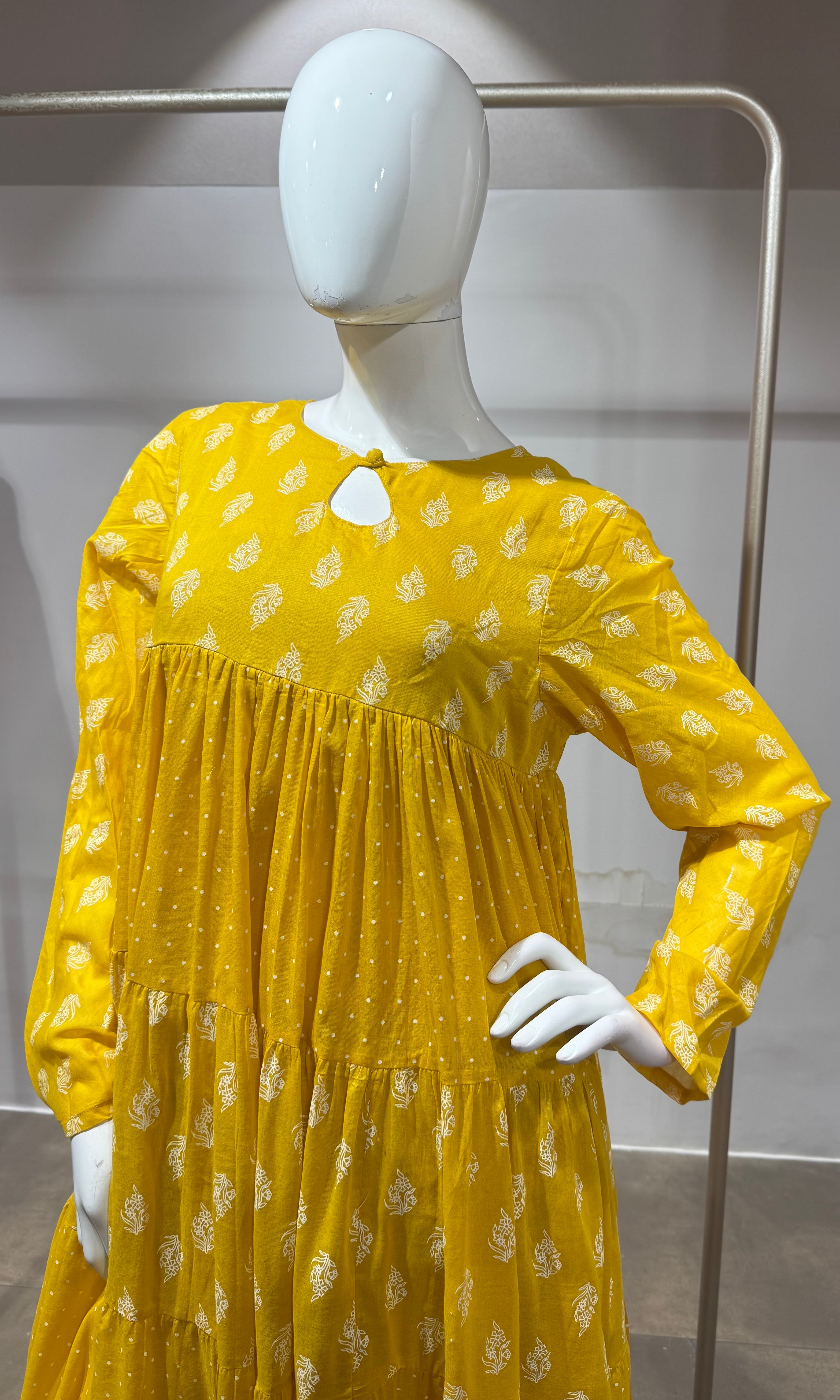 Mustard Floral Block Print anarkali Set with Dupatta