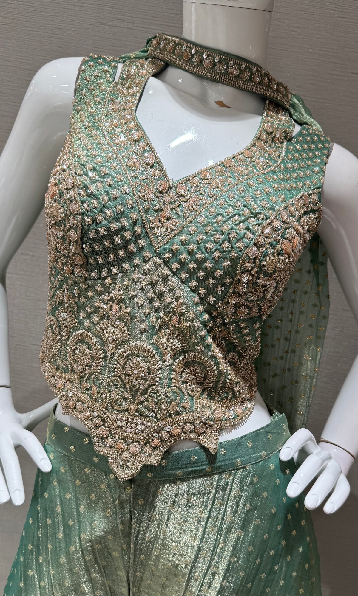 Mint Sage Zari Embroidered tissue silk Palazzo set