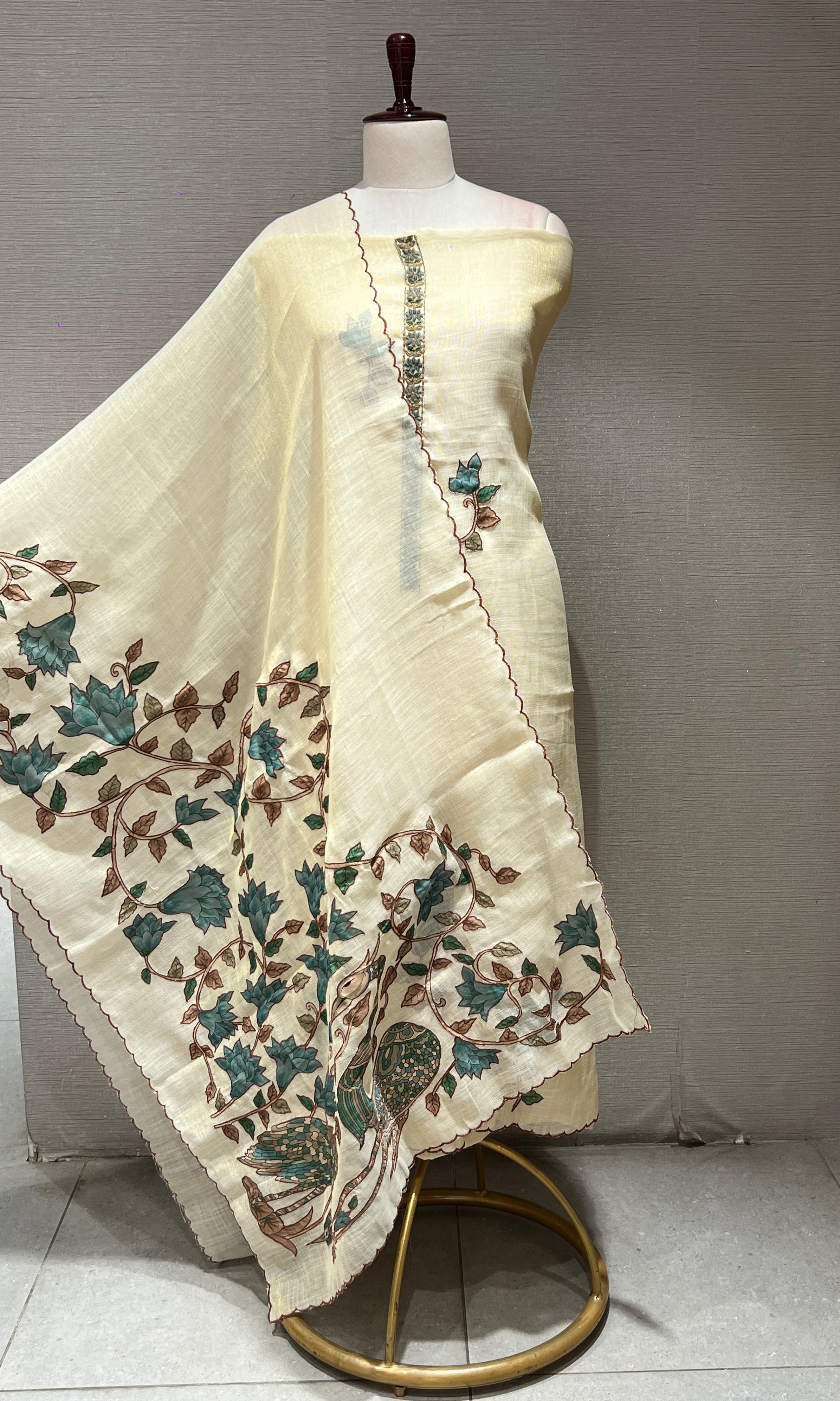 BEIGH DRESS MATERIAL WITH FLORAL DUPATTA