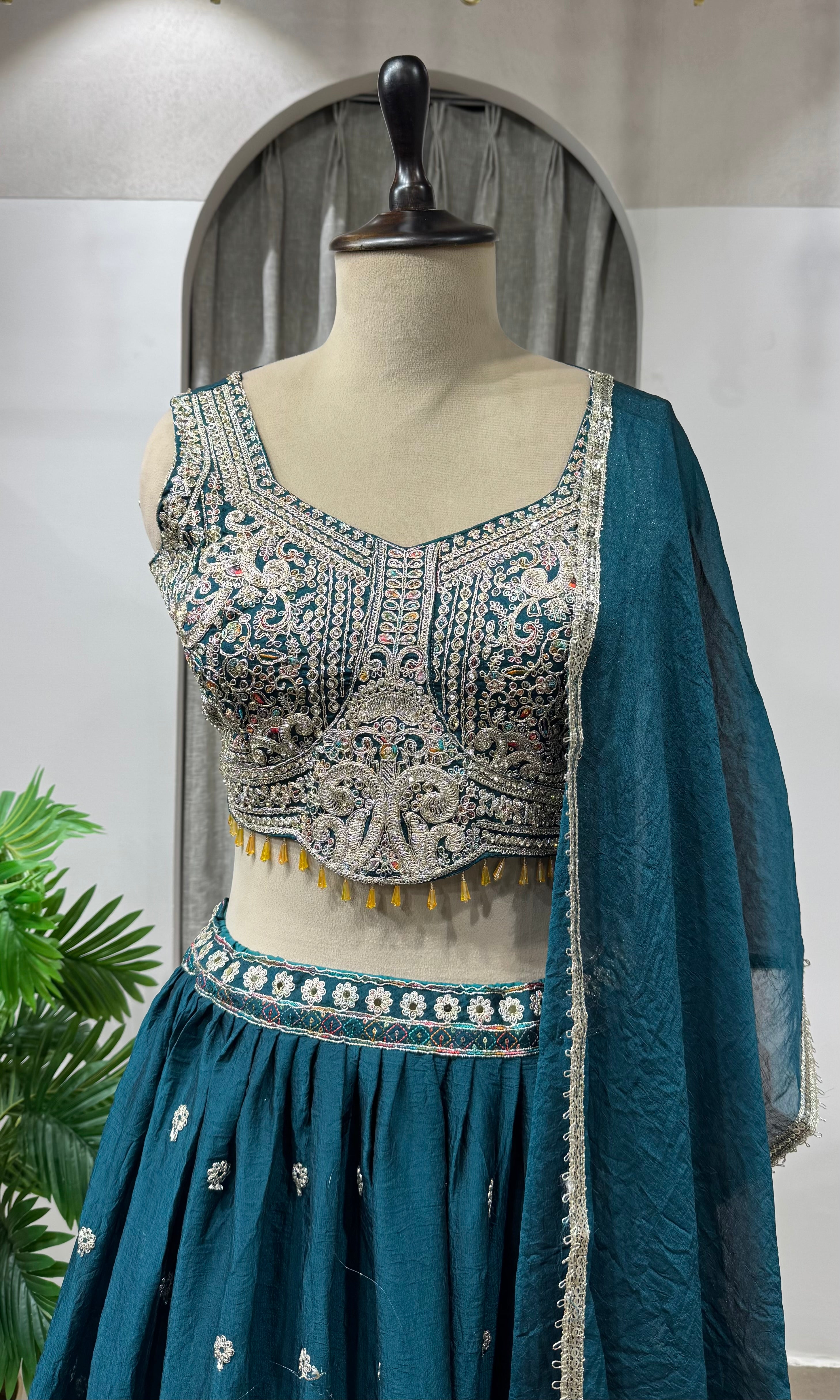 Peacock Blue Silk Embroidered Lehenga Choli Set