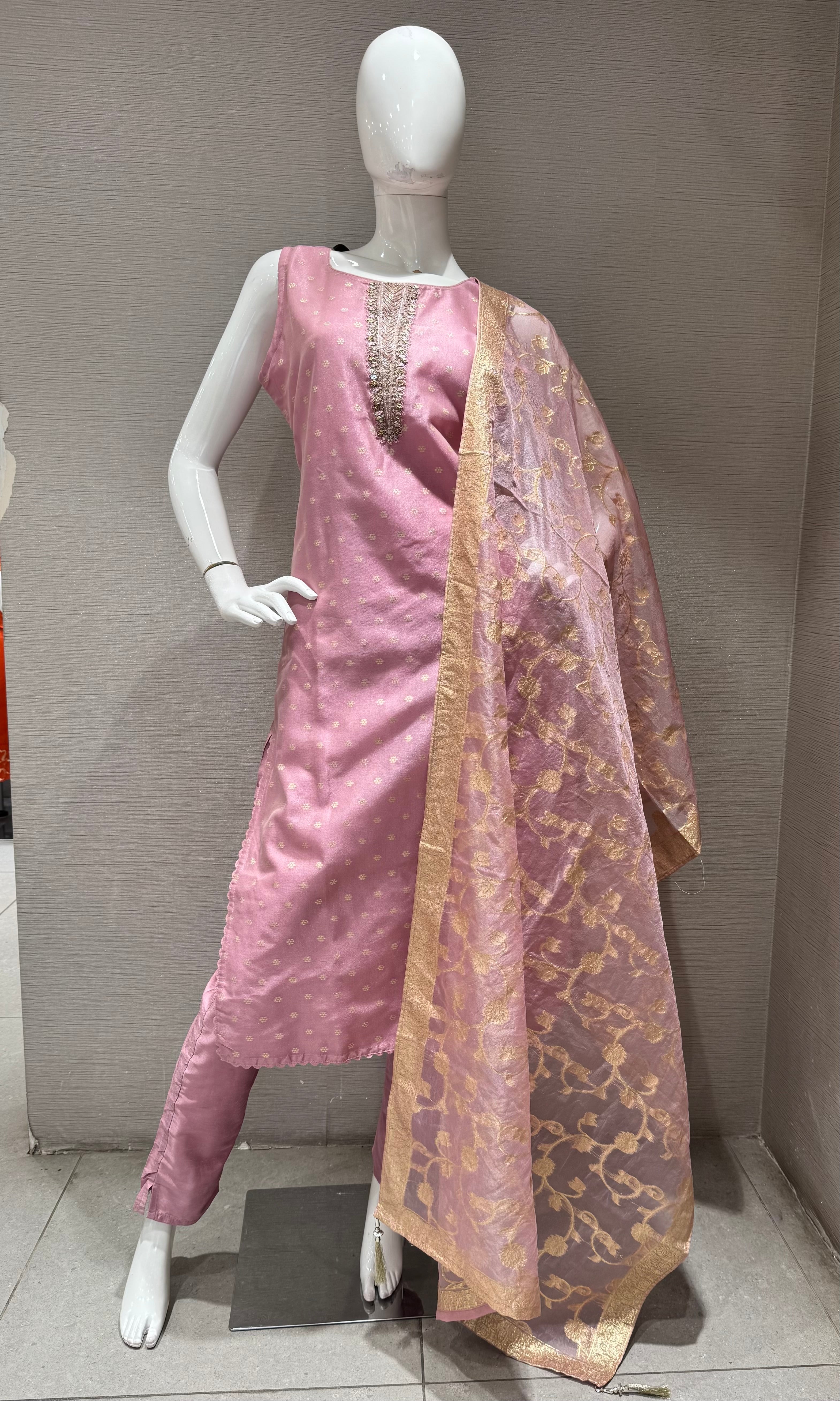 pink kurta set with gold embroidery with sheer dupatta