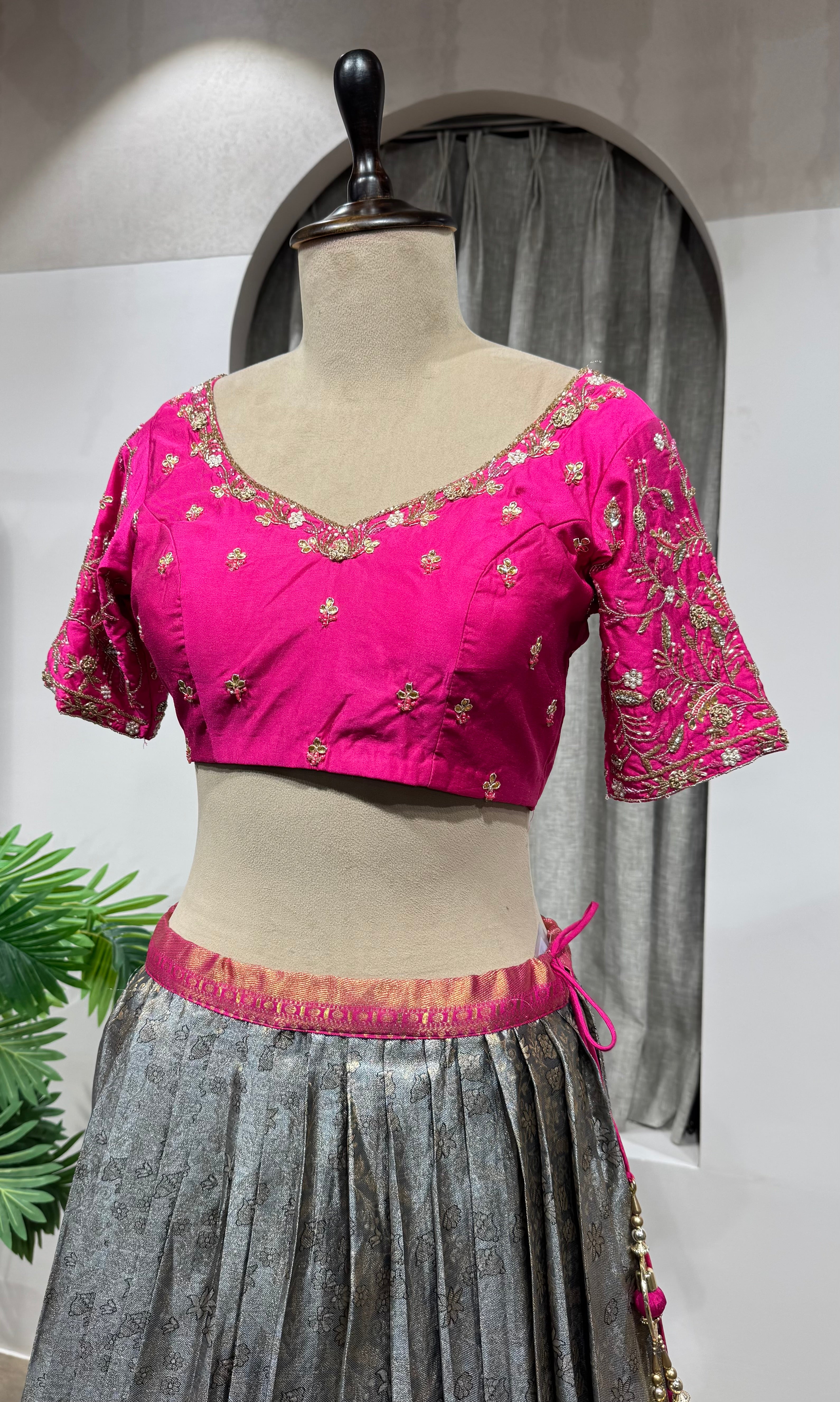 PINK AND GREY KANJIVARAM PATTU LEHENGA