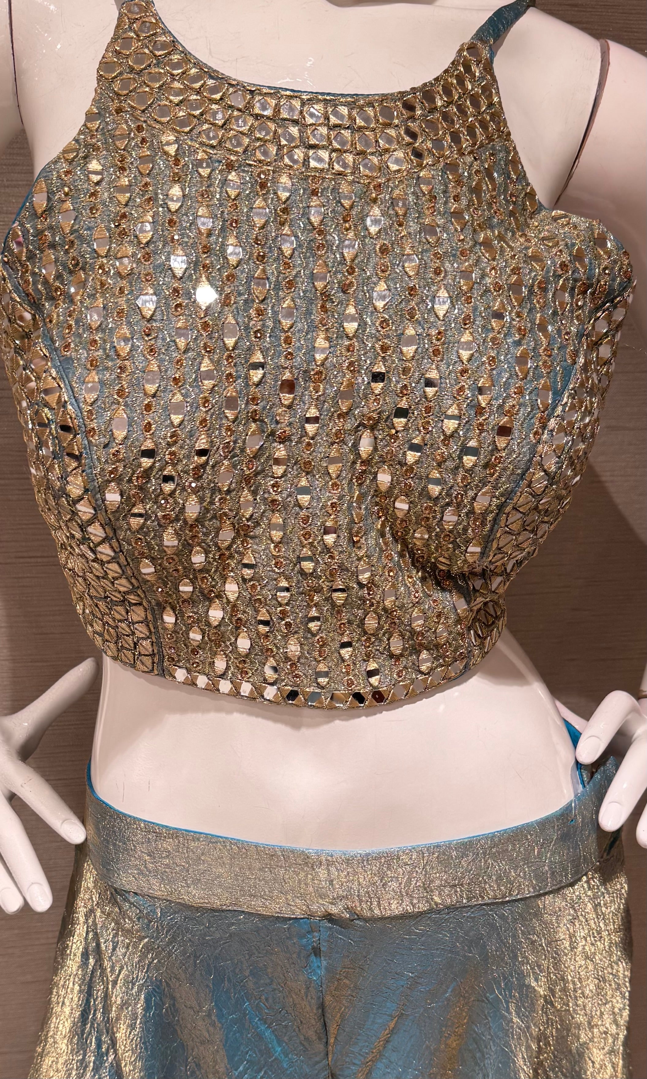 Blue Shimmer palazzo set with golden ethnic blouse