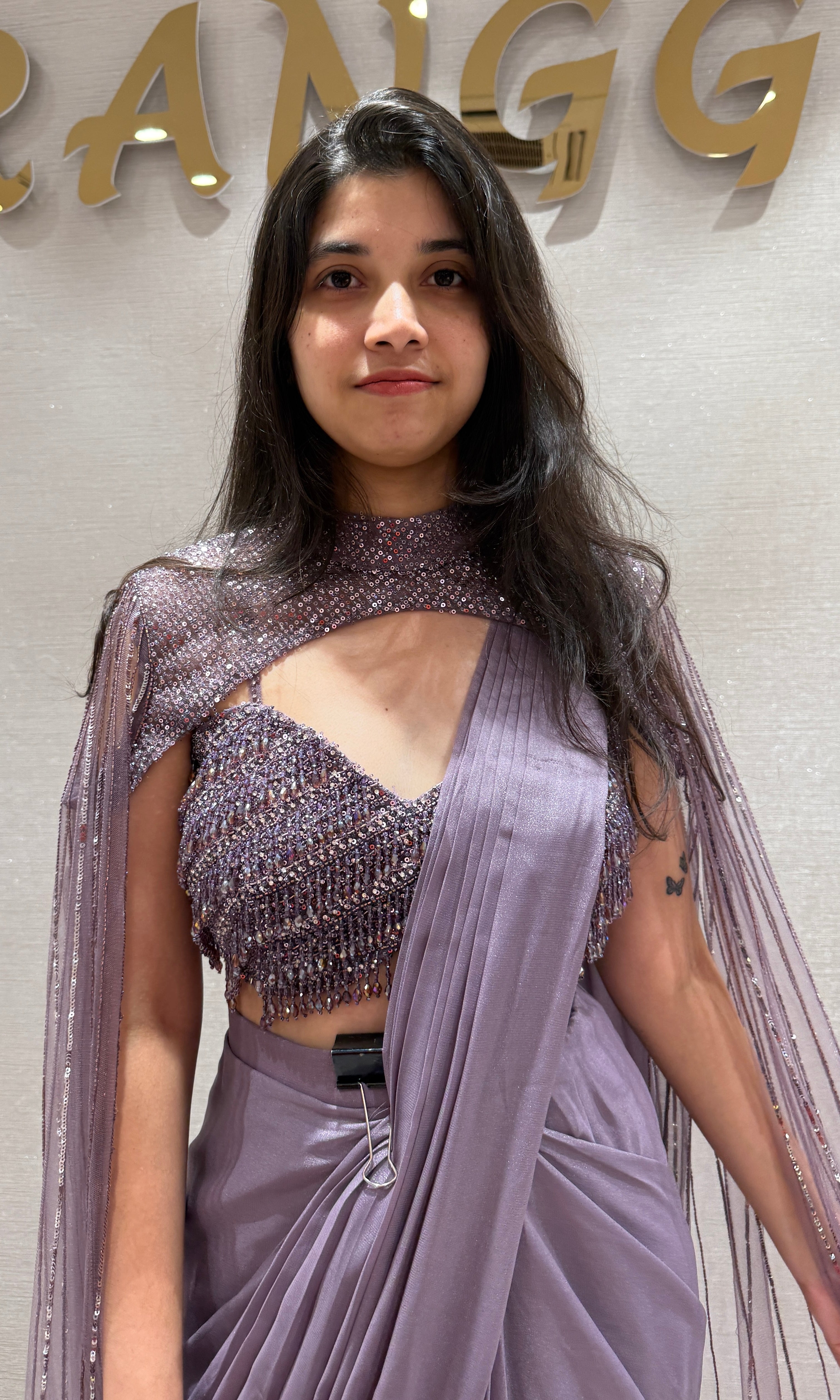 Lilac Sequin Draped Sareee with cape