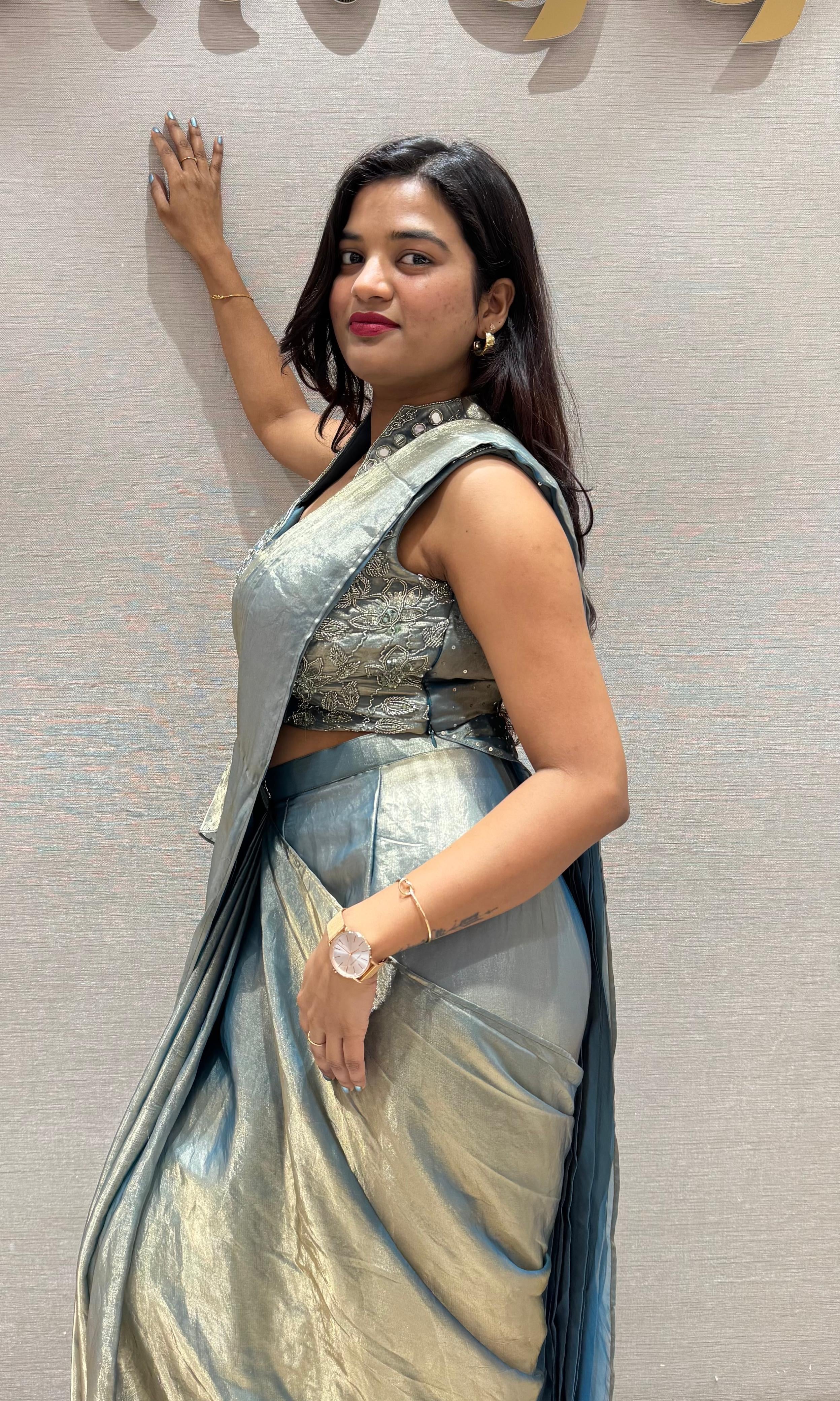 Blue PEPLUM STYLE DRAPE SAREE