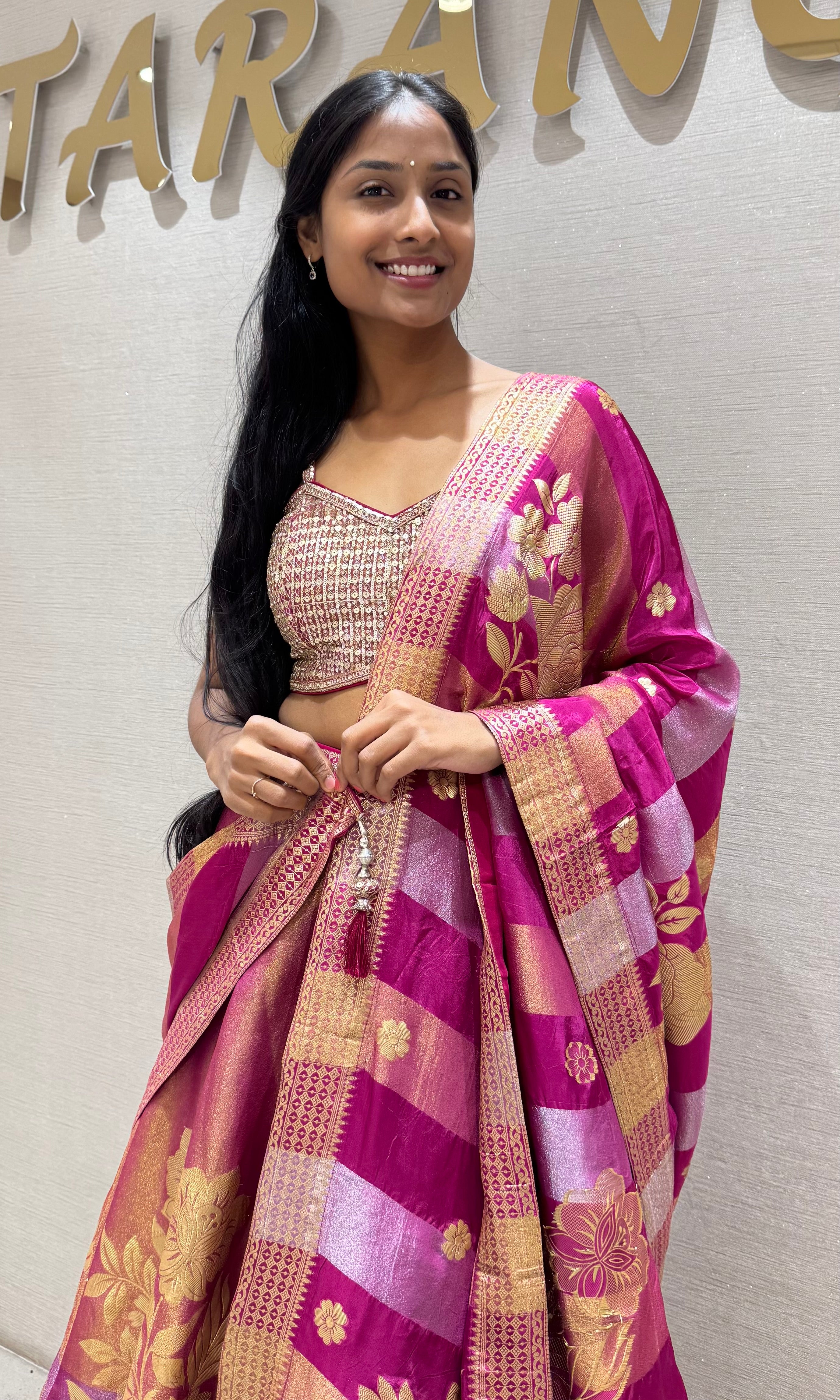 Fuchsia PINK and Gold Floral Banarasi Silk Lehenga