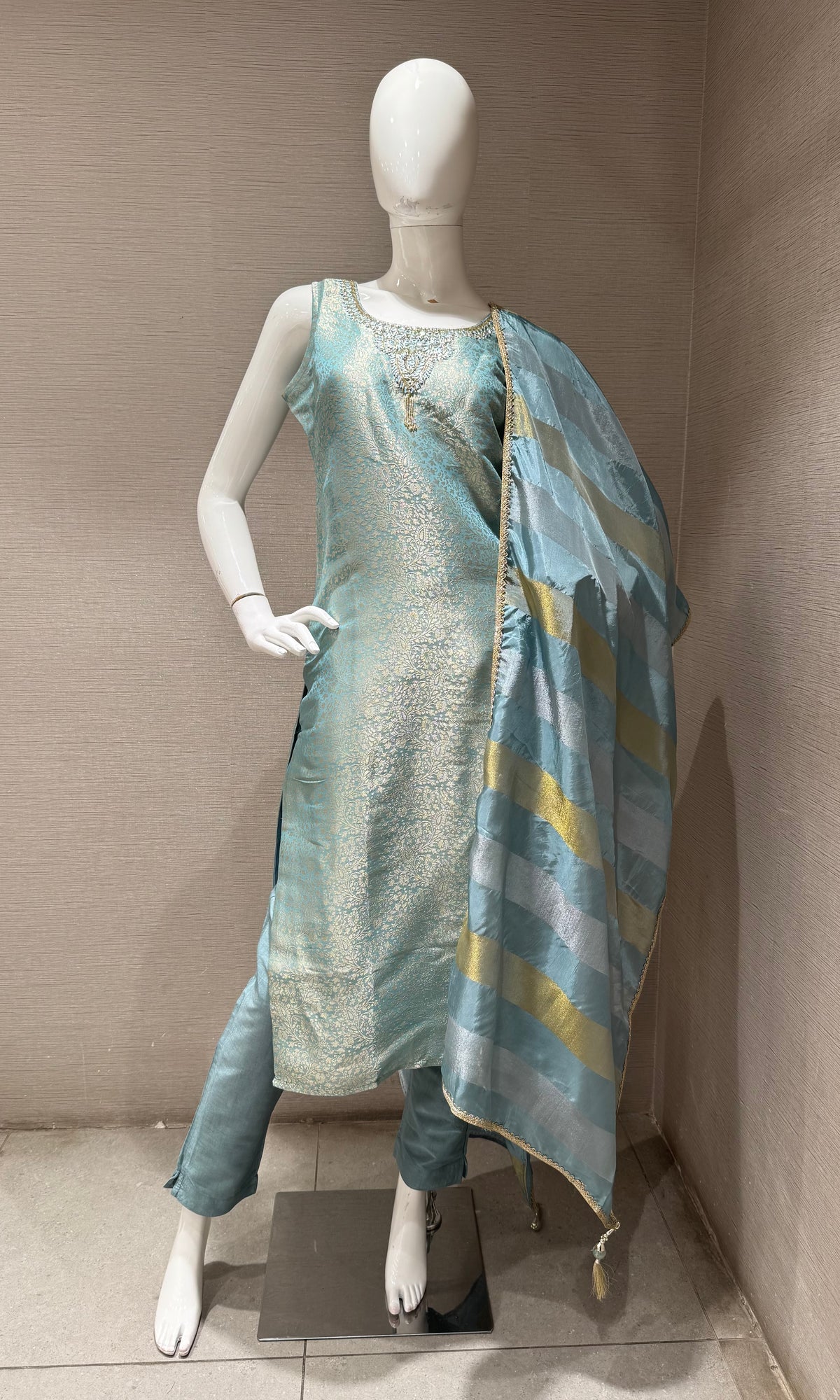 Light Blue Tissue silk Kurta Set with Striped Dupatta