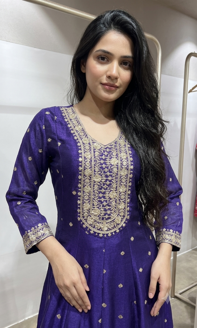 Purple gold embroidered anarkali set