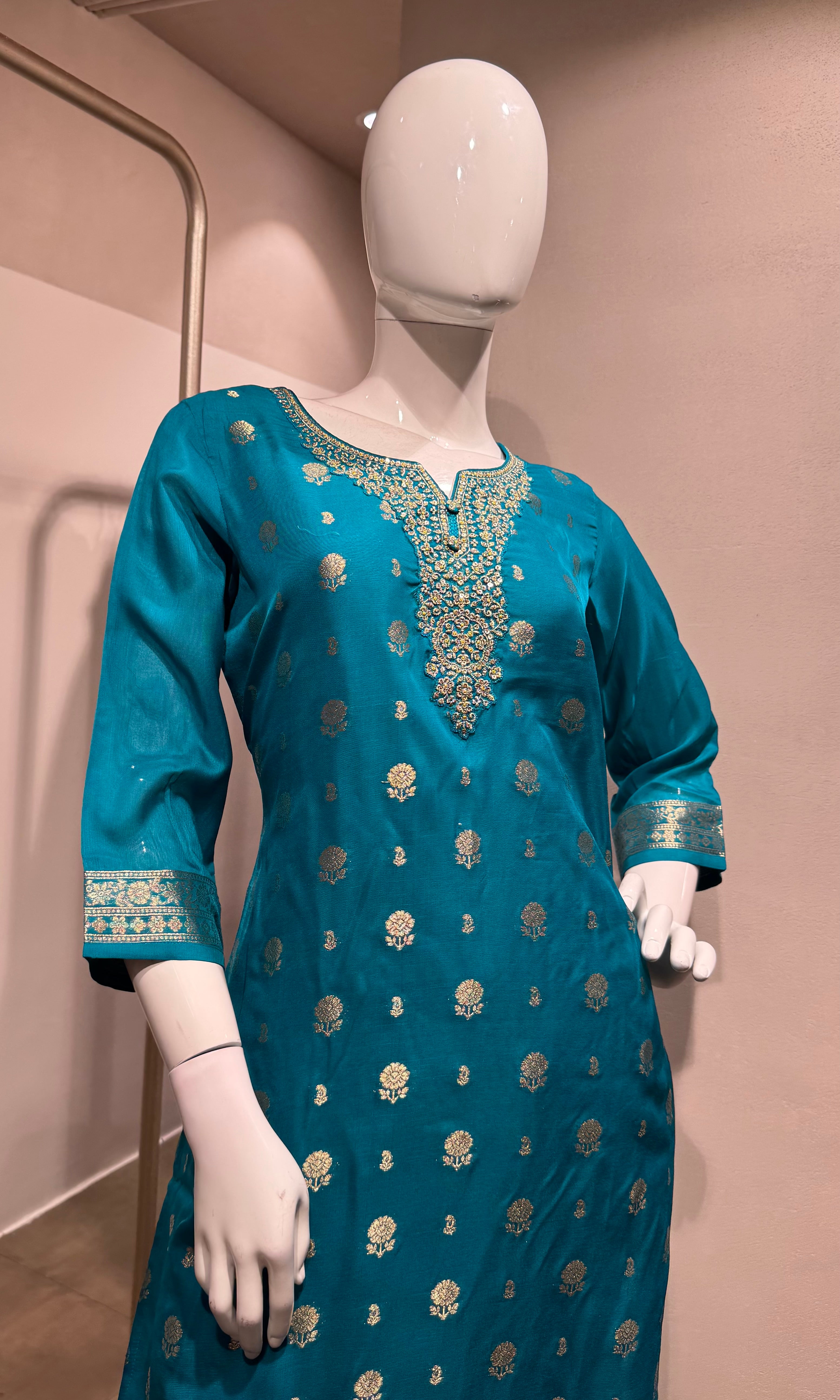 Rama blue silk kurta set with yellow dupatta