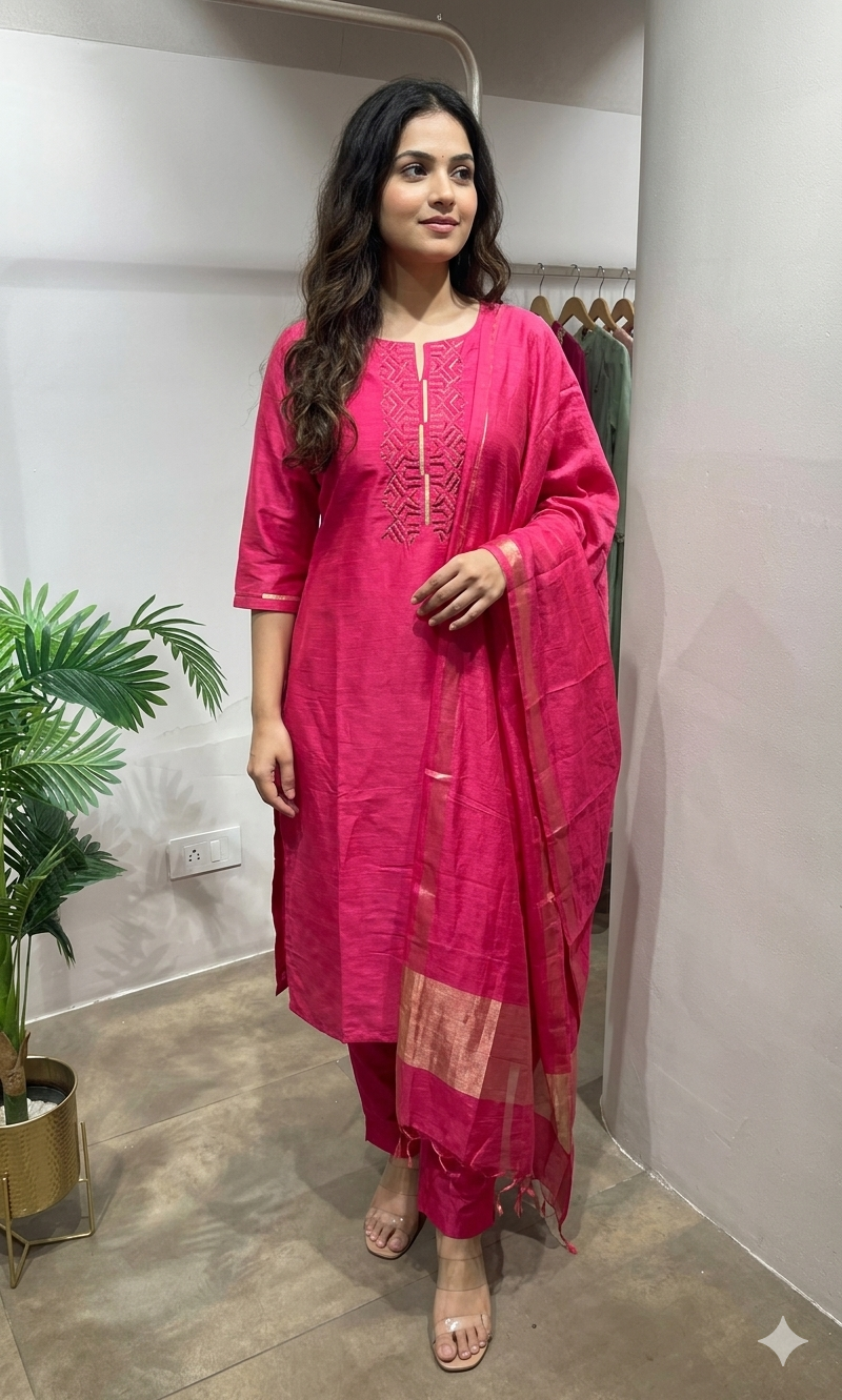 Pink Embroidered Kurta Set with Dupatta