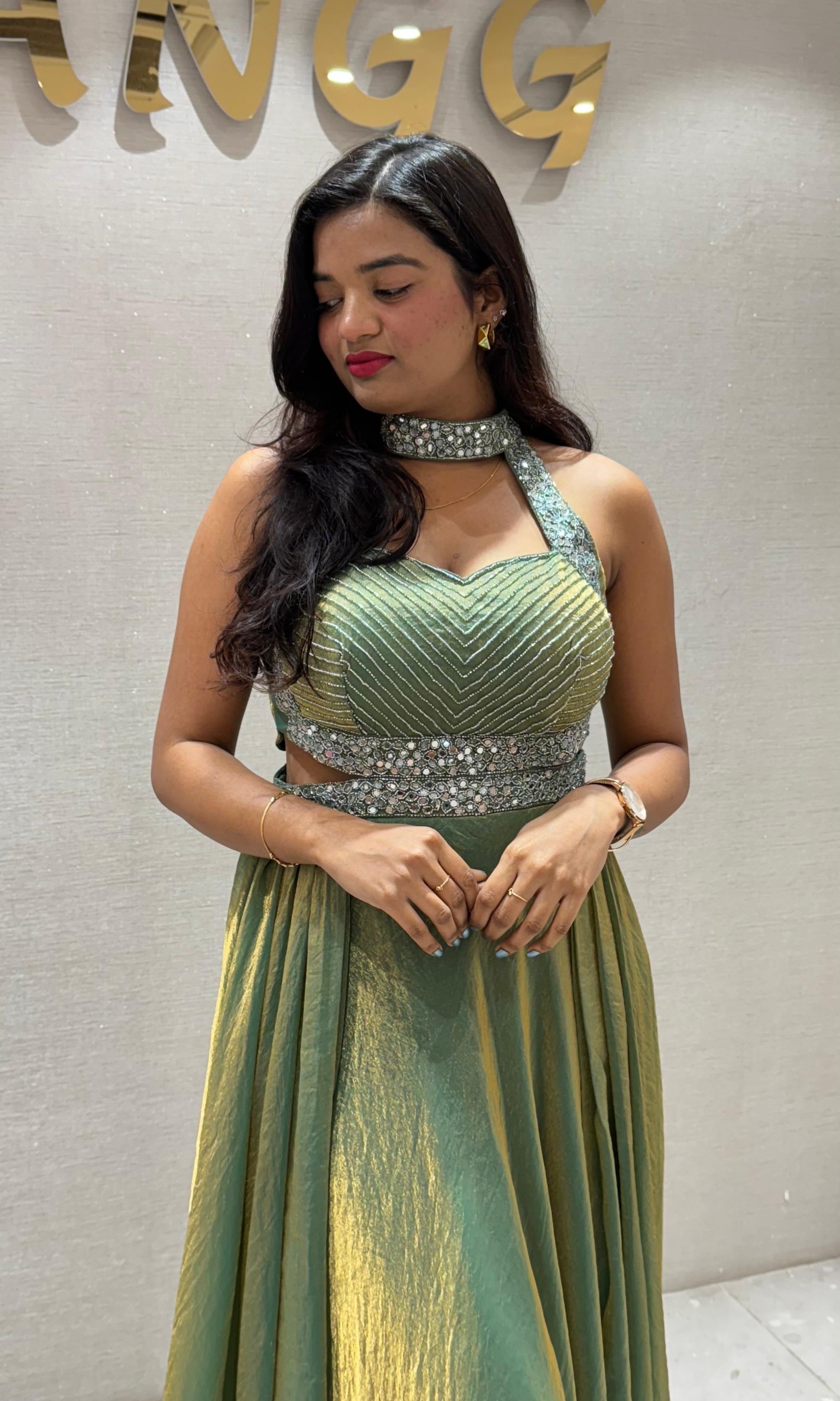 Green EMBROIDERED LONG GOWN DRESS