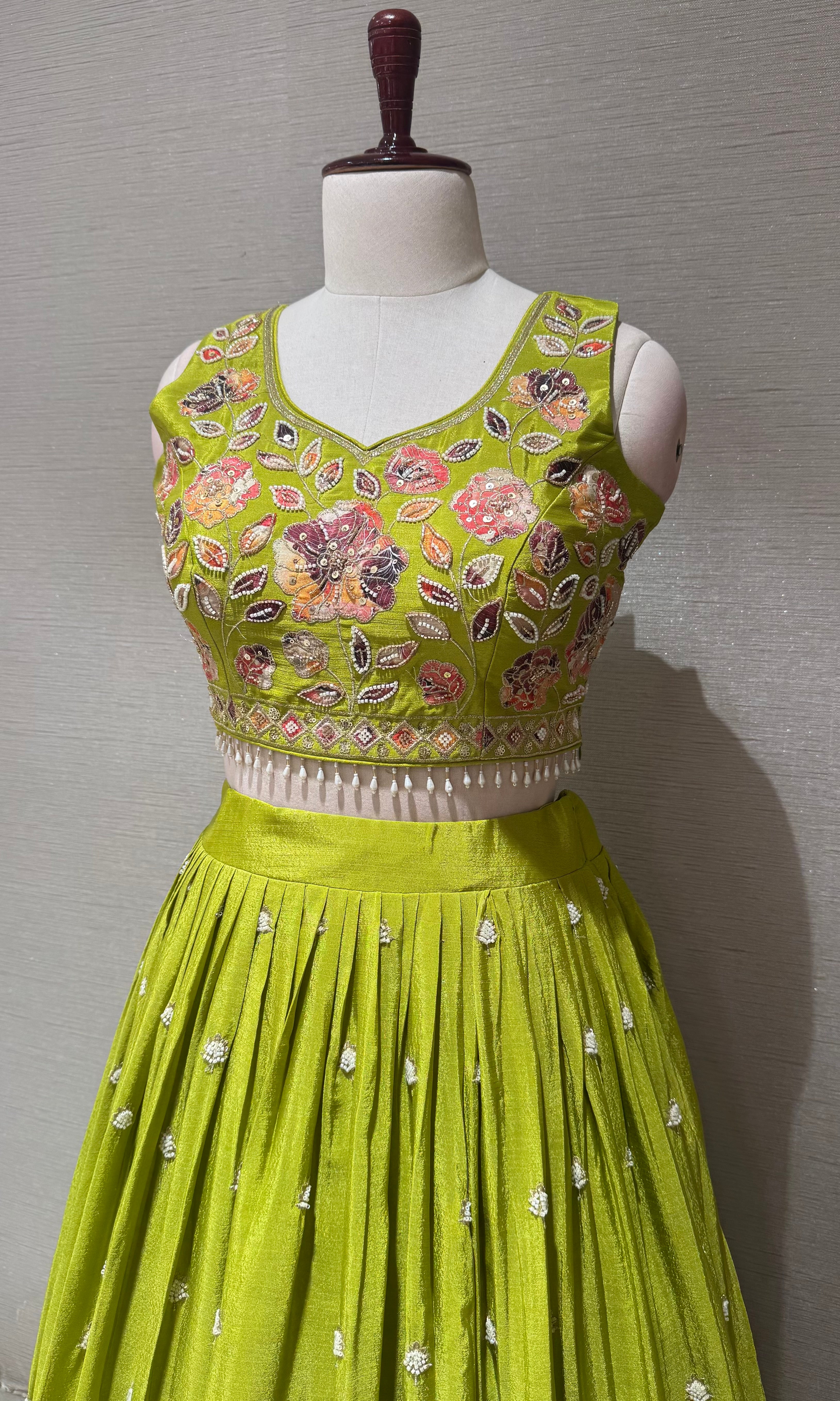 Green Tissue silk Multi Floral Crop Top Lehenga set