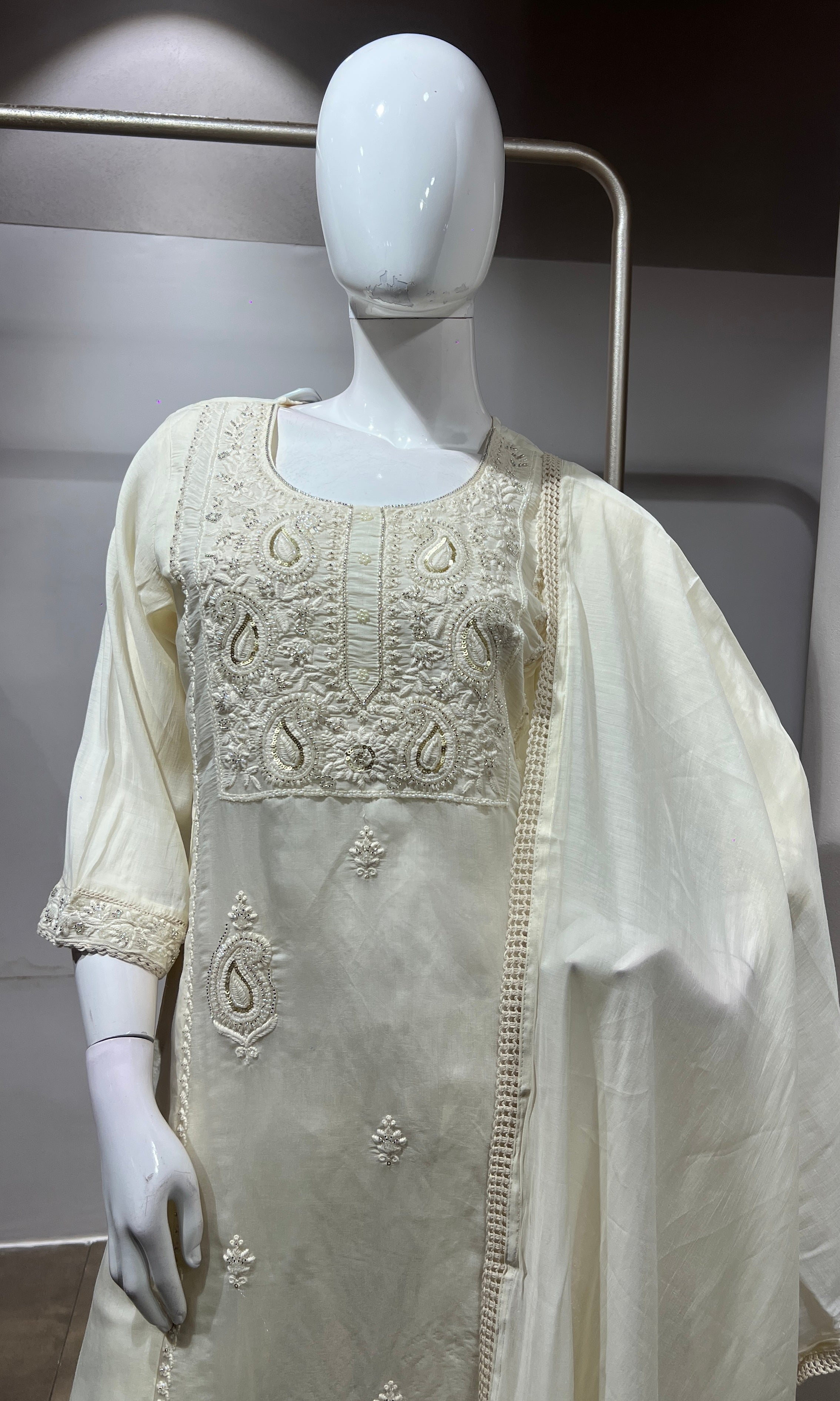 Half White Chanderi Silk Kurta Suit Set