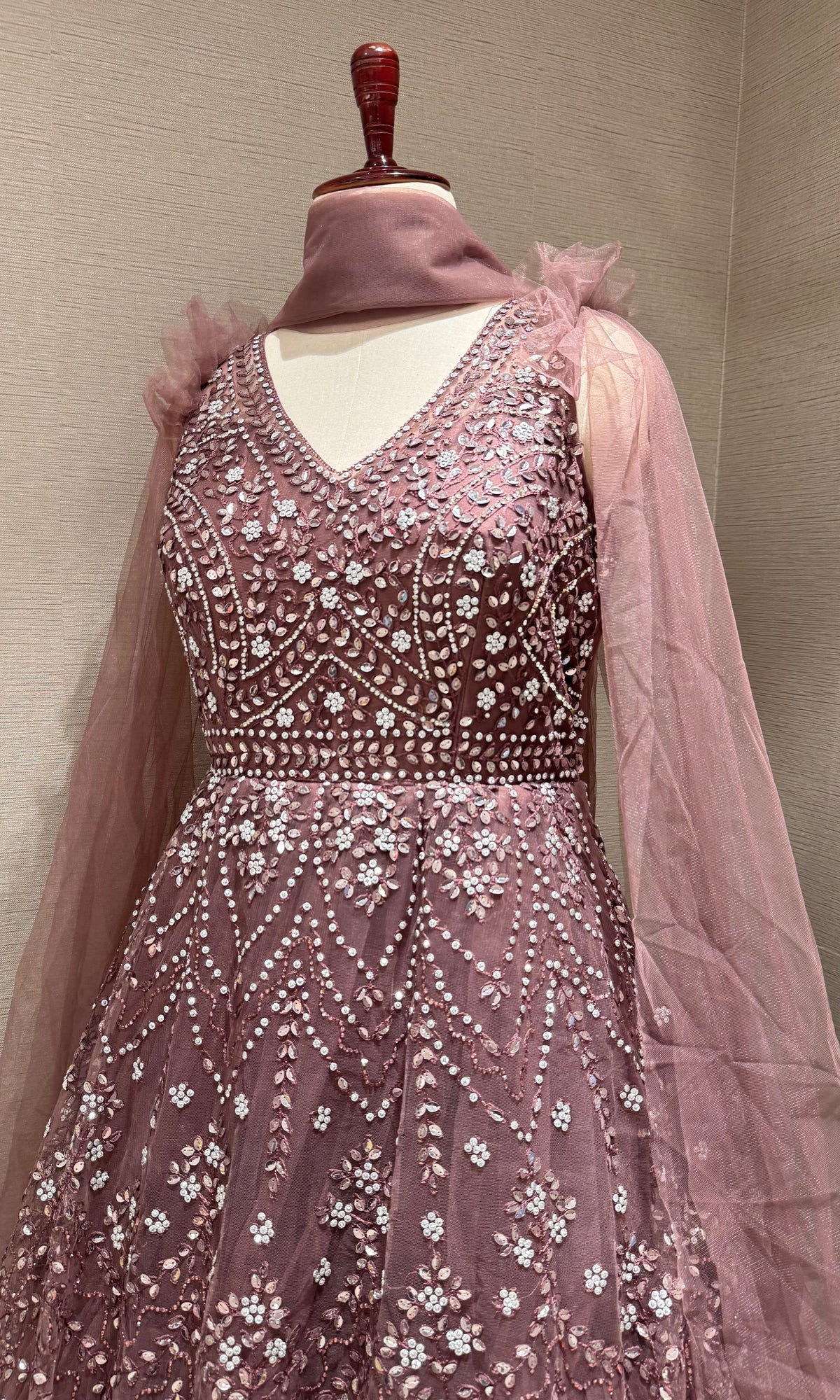 Mauve Embroidered Tulle Gown with Net Flare