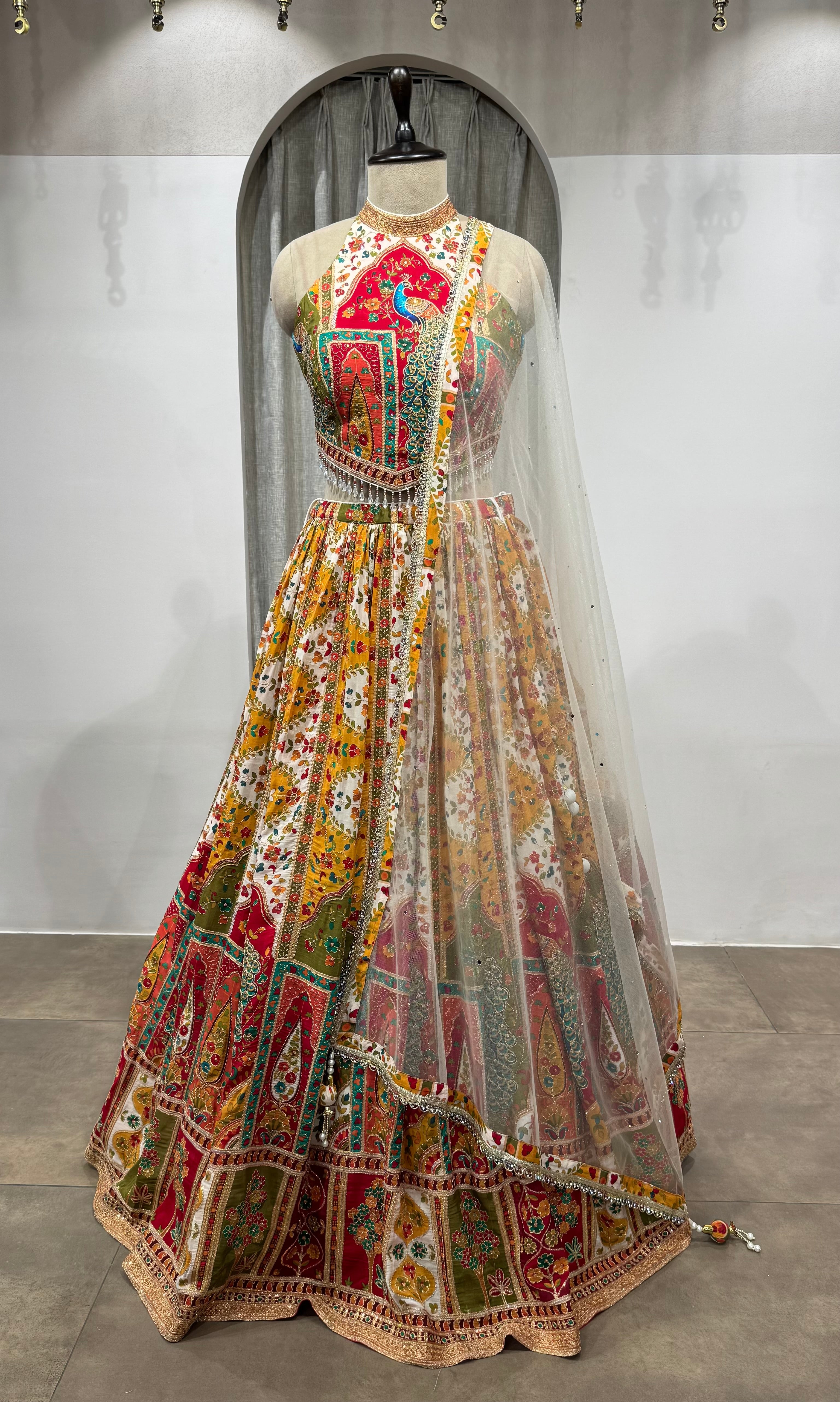 Multicolor Printed halter neck embroidered lehenga