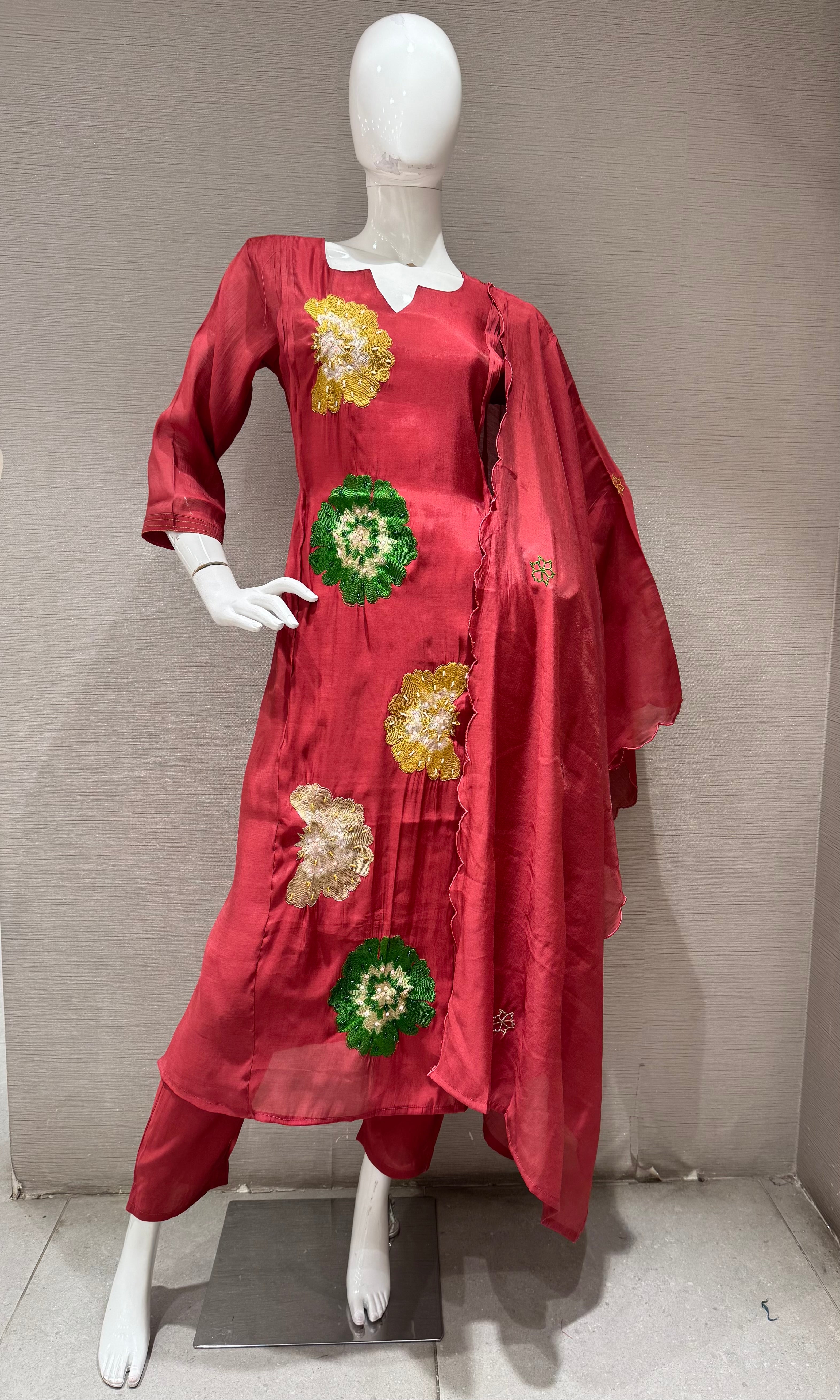 Maroon cotton silk Floral Motif Kurta set with dupatta