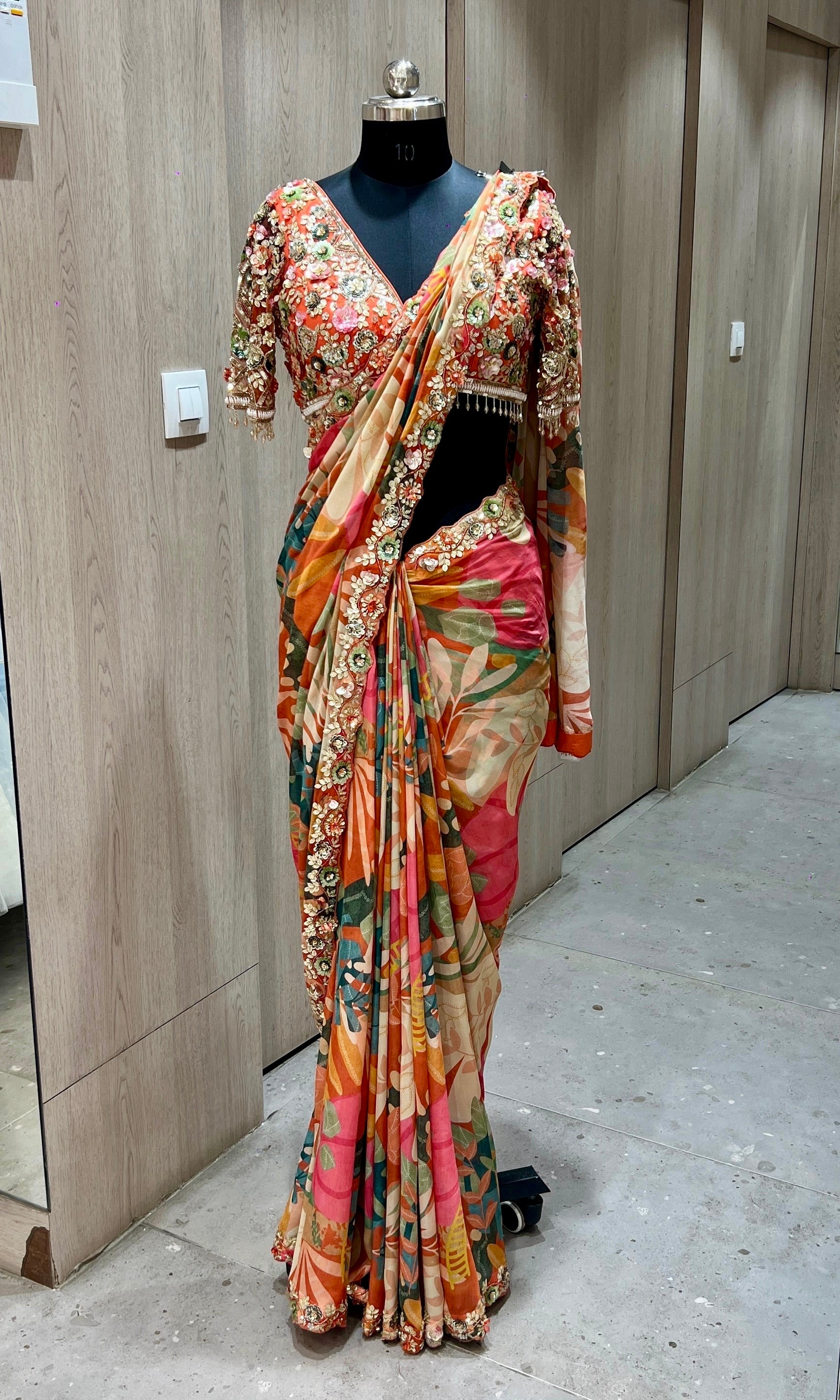 Orange saree with ready blouse