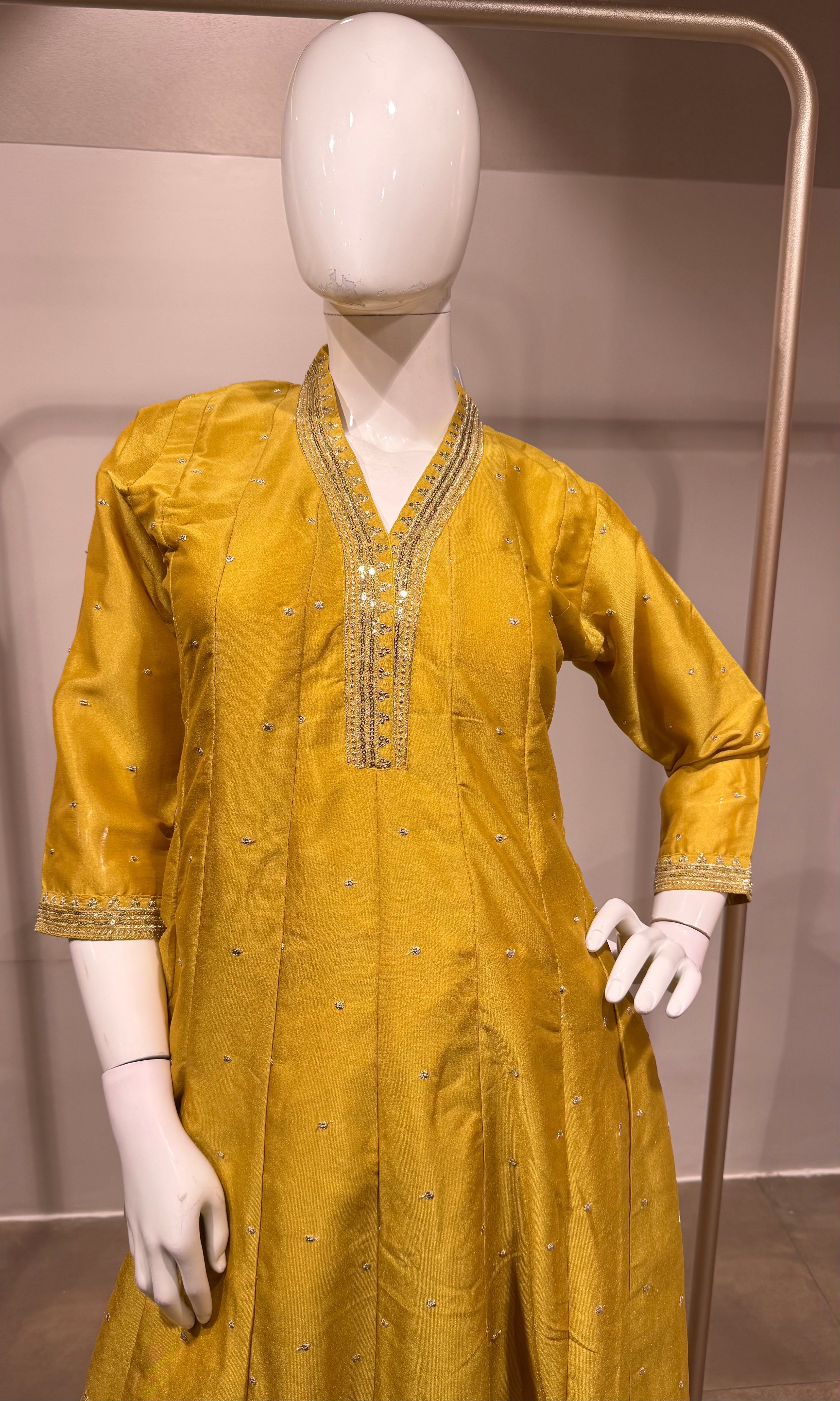 mustard yellow Silk Anarkali Set