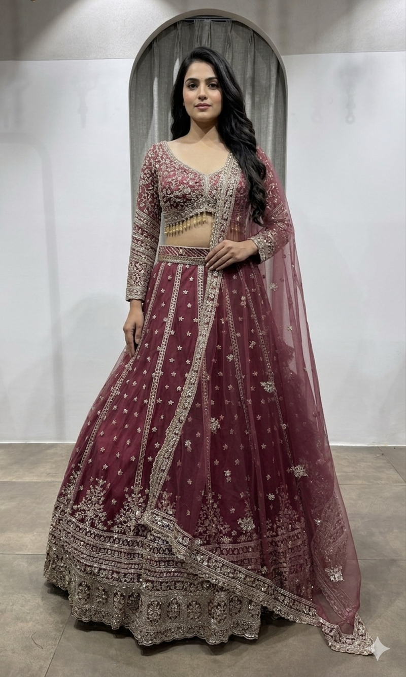 WINE Embroidered Lehenga with Dupatta