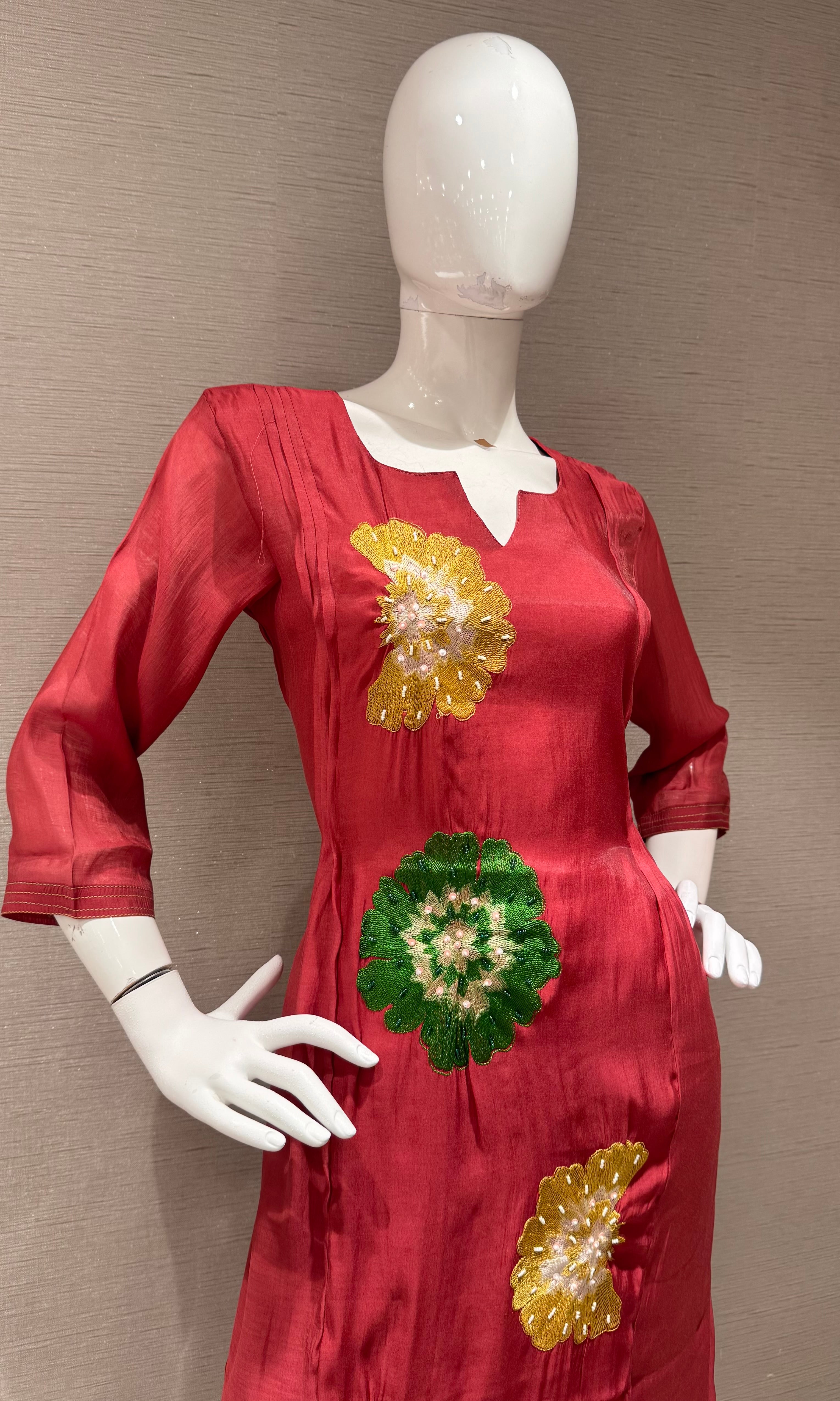 Maroon cotton silk Floral Motif Kurta set with dupatta