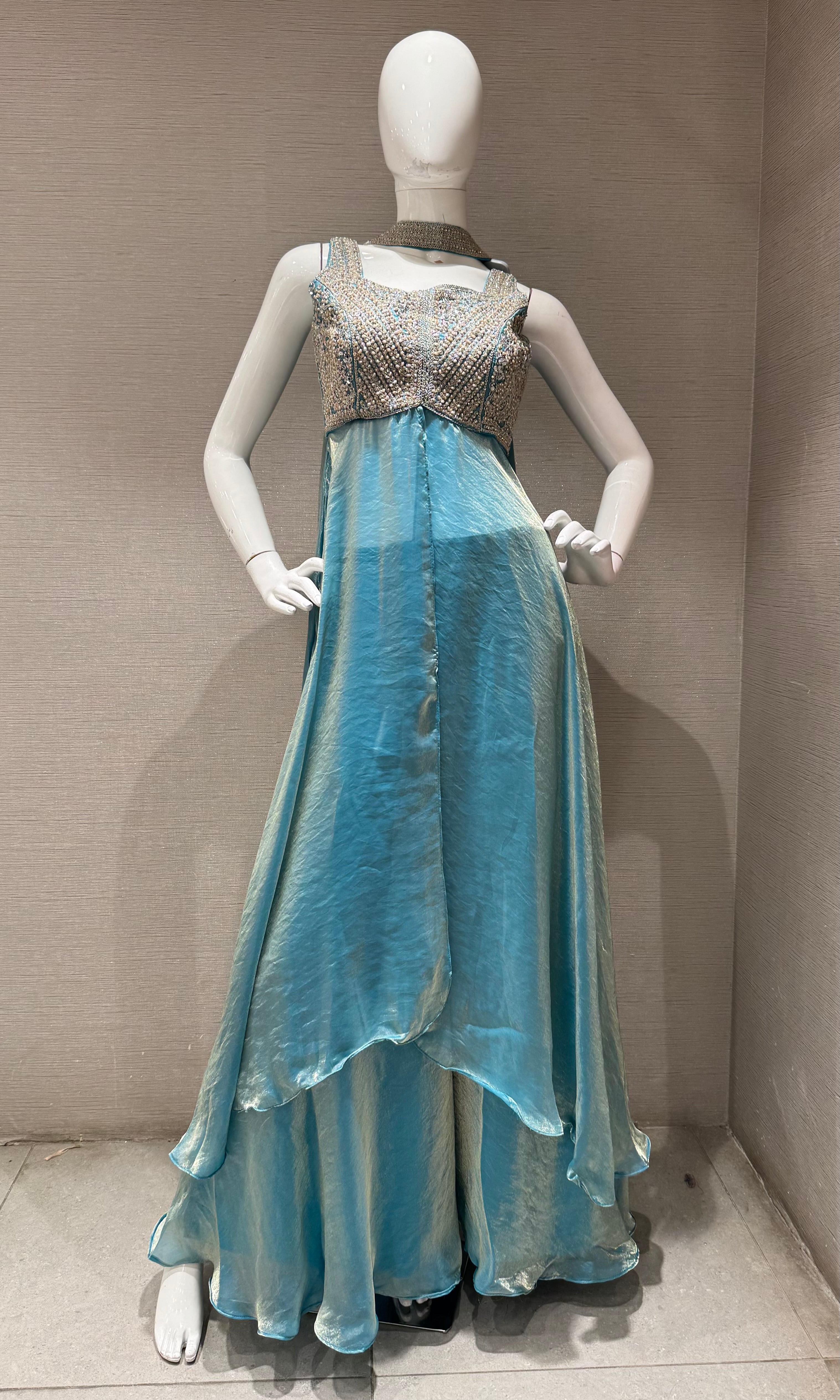 Blue embroidered shimmer tissue palazzo set