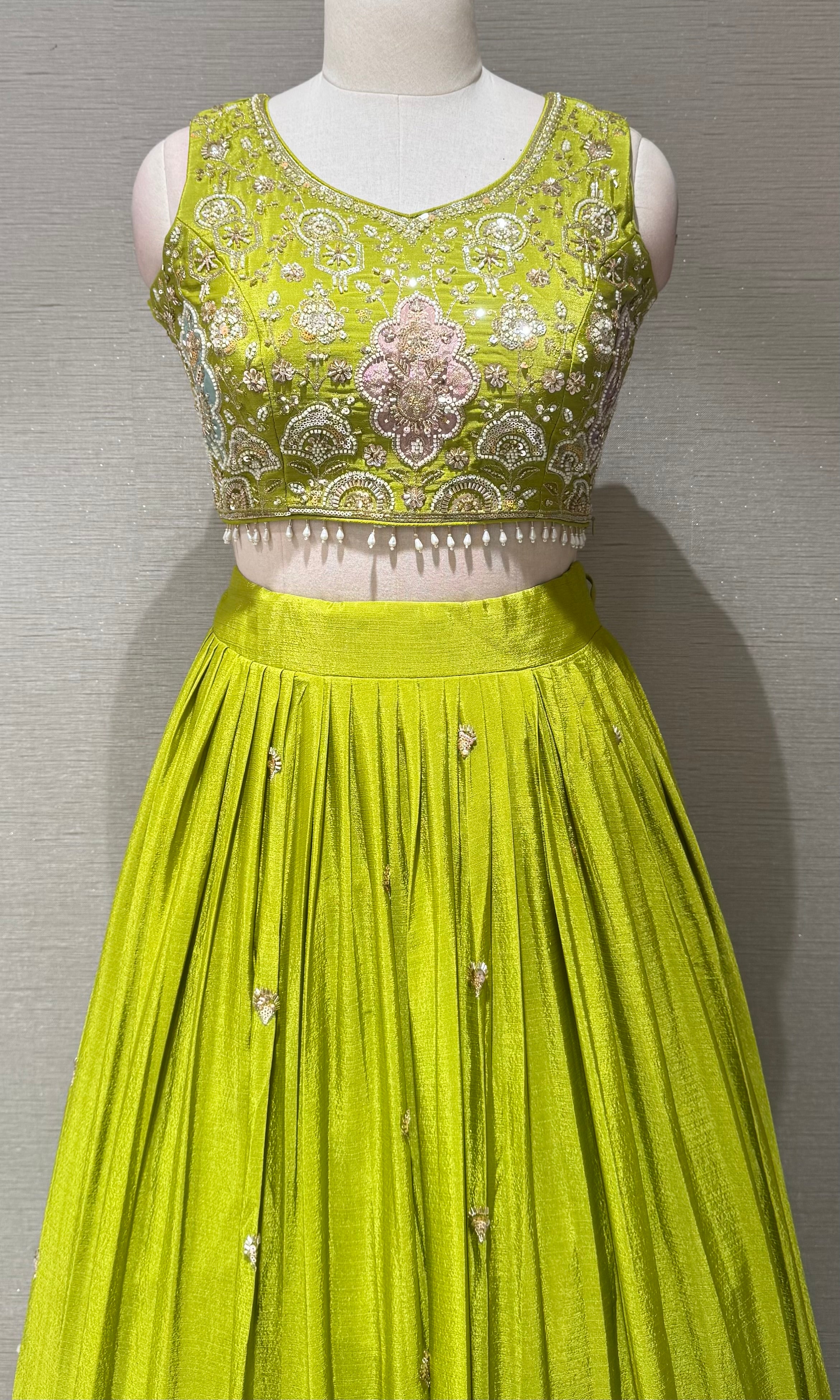 Lime Green Tissue silk Lehenga with Multi Floral border