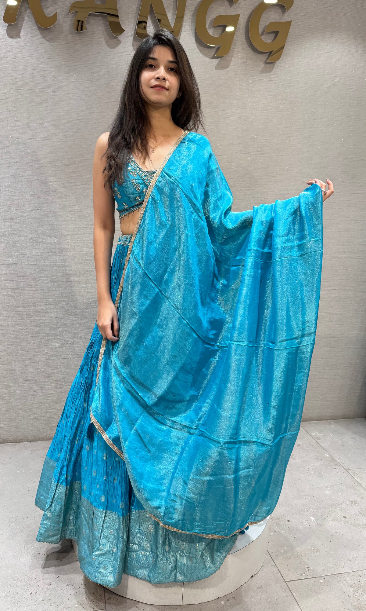 Blue tissue silk Gold Zari Detailing lehenga set with dupatta