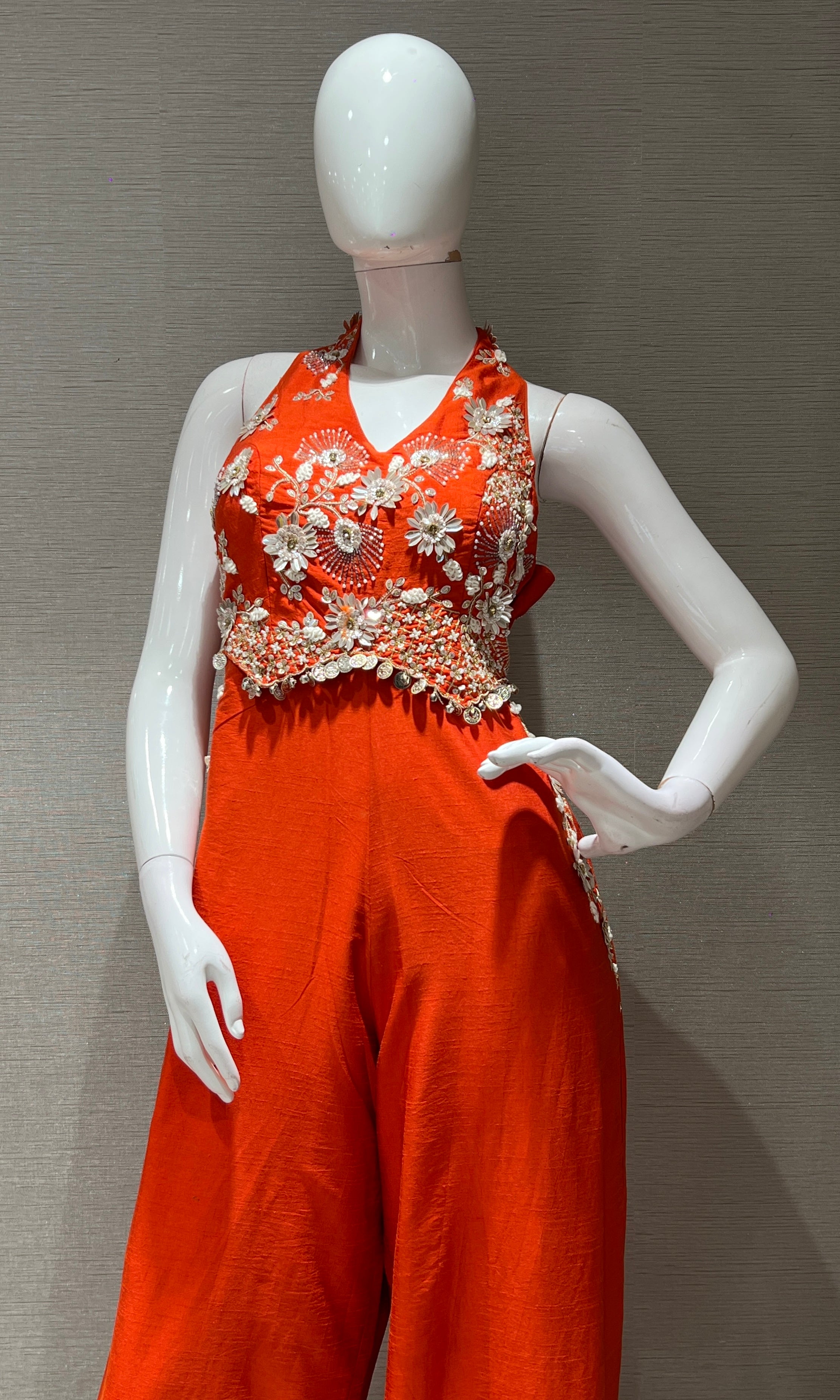 Orange FLOWER EMBROIDERY jumpsuit
