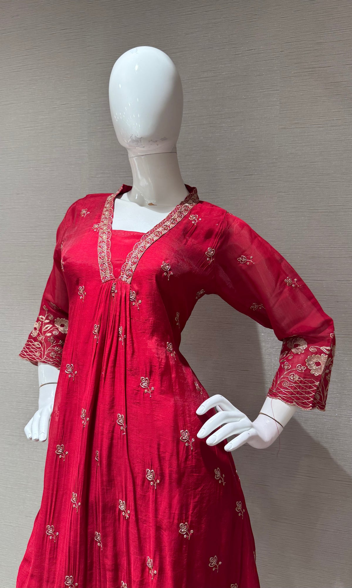 Maroon golden floral a line kurta set with dupatta