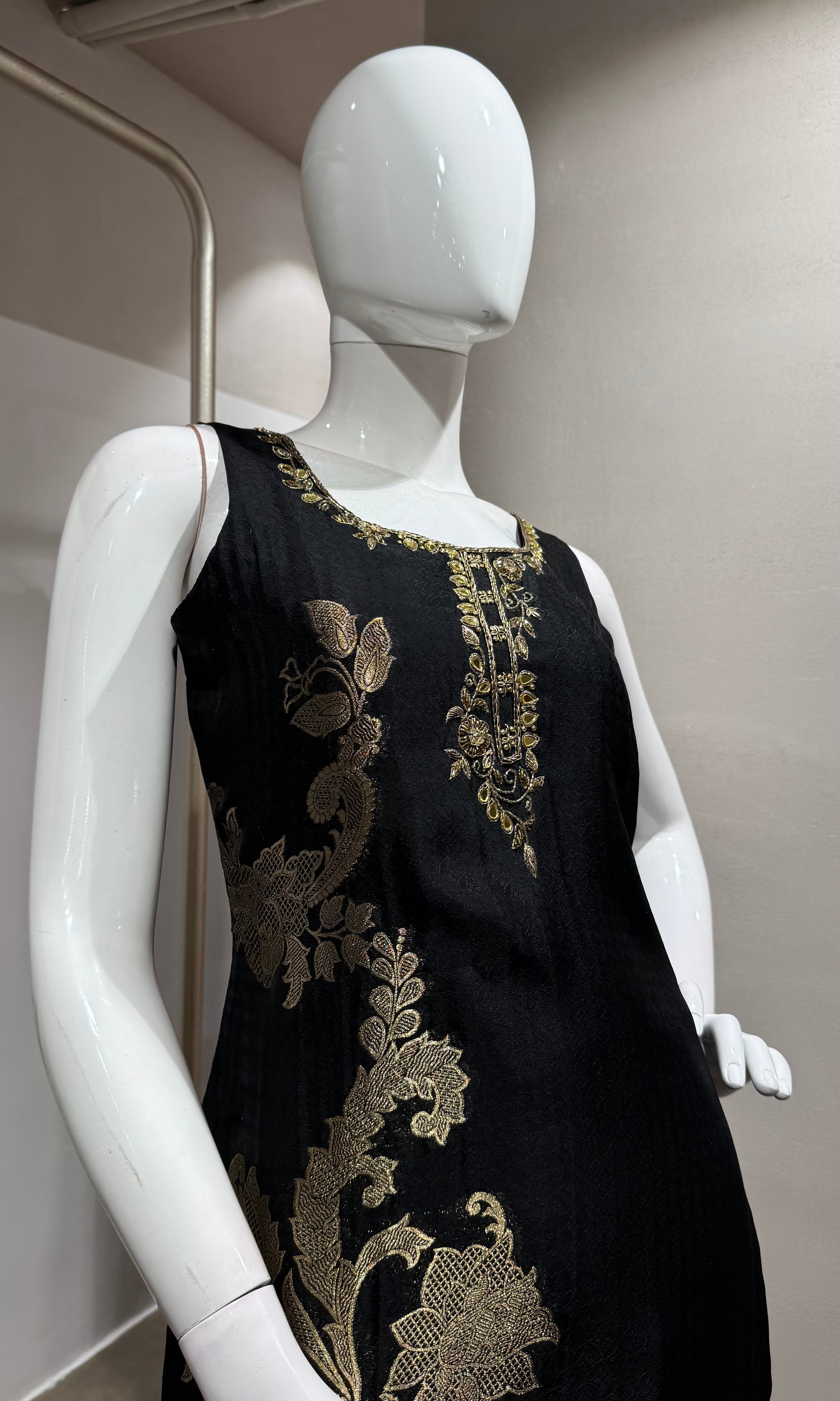 Black Silk Embroidered Straight Cut KURTA SET