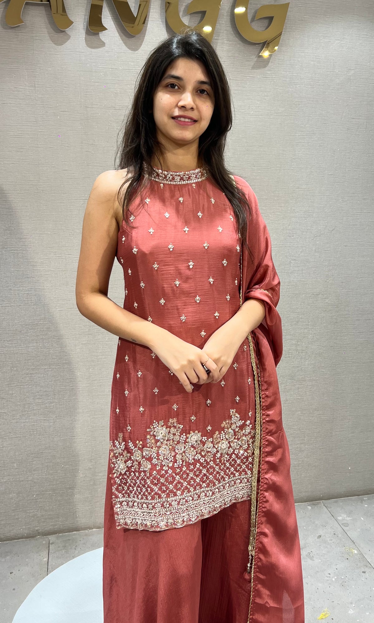 Rust Silk Embroidered Kurta and Palazzo Set