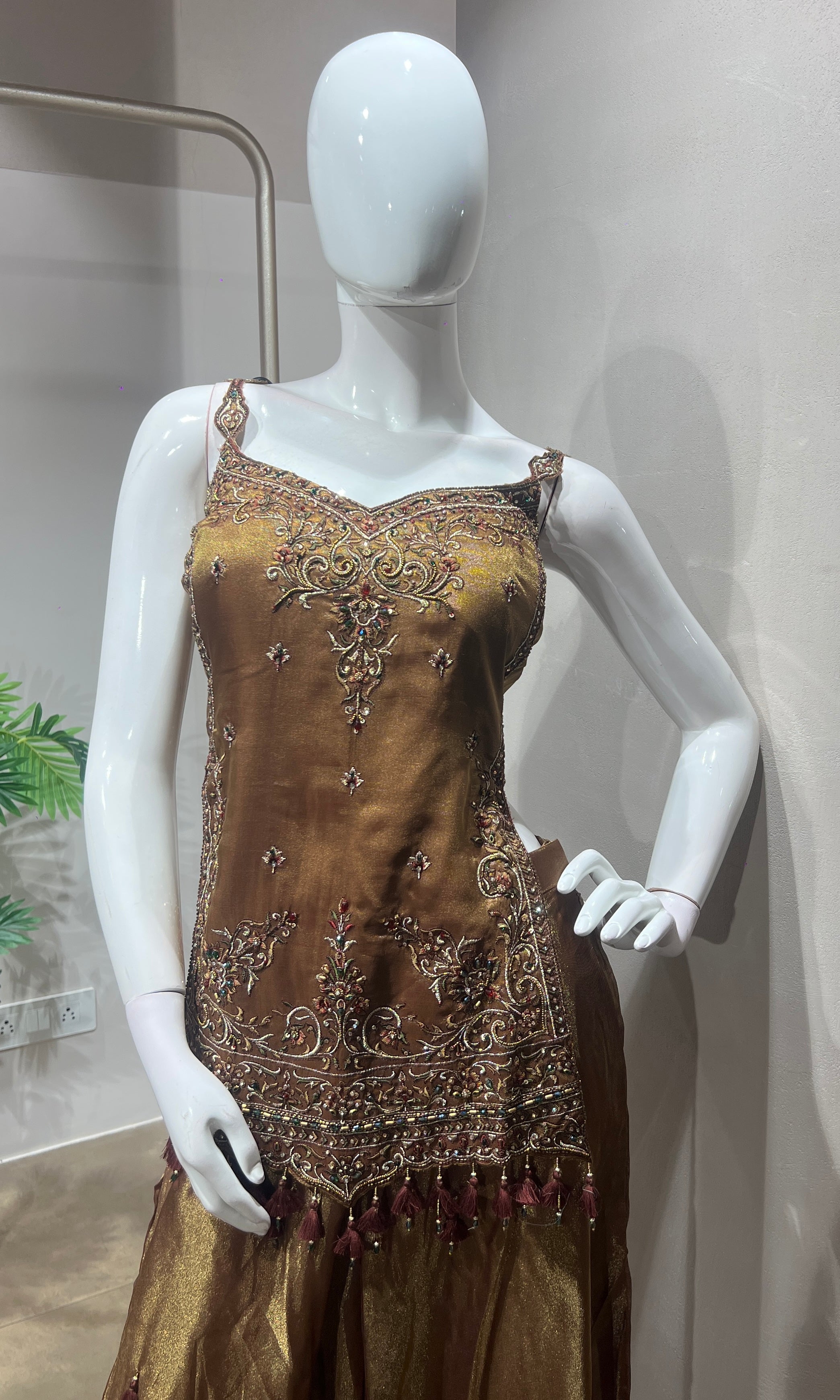 Brown Gold Shimmer Tissue A-Line Anarkali