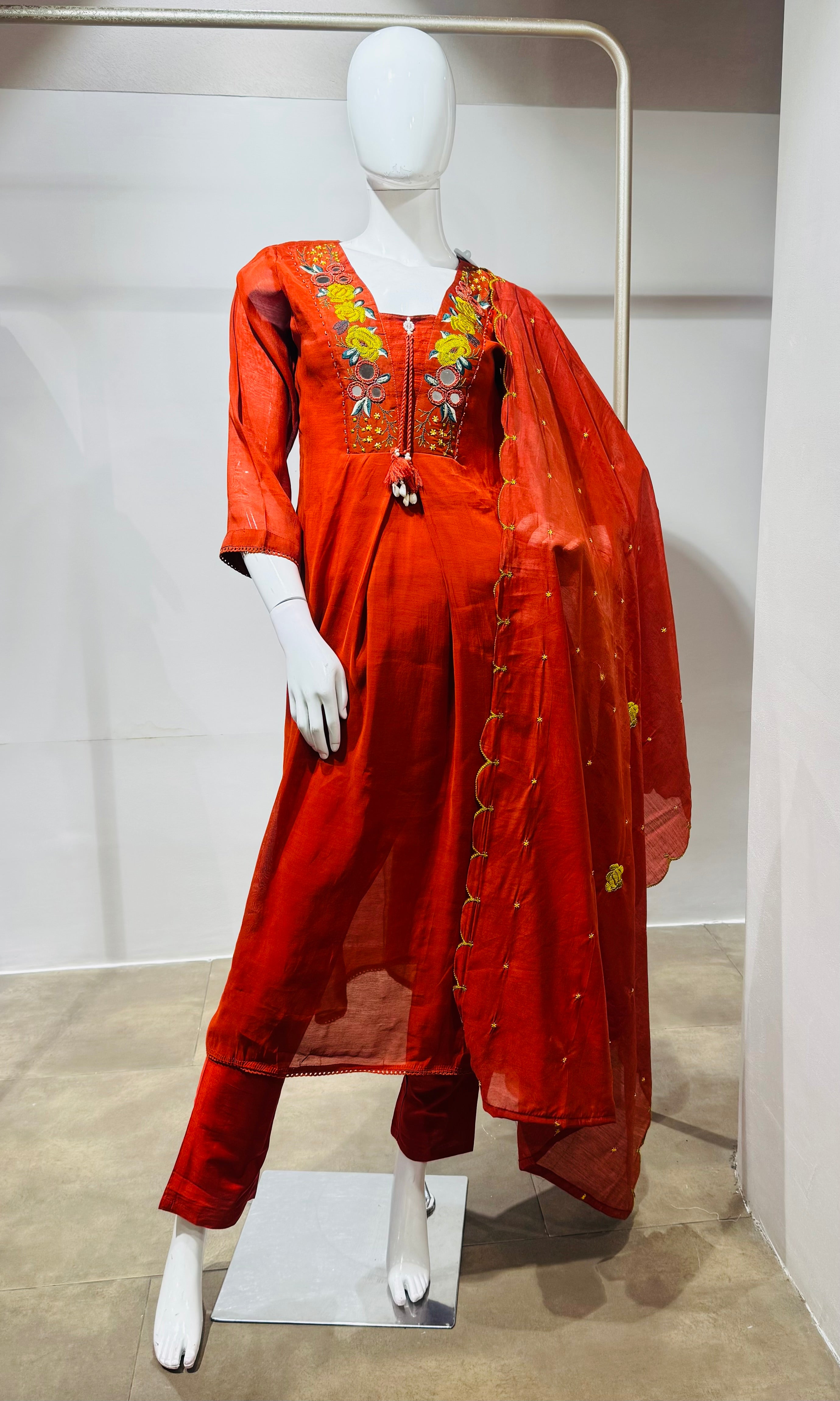 Rust Ethnic Kurta Set with Multicolored Neckline