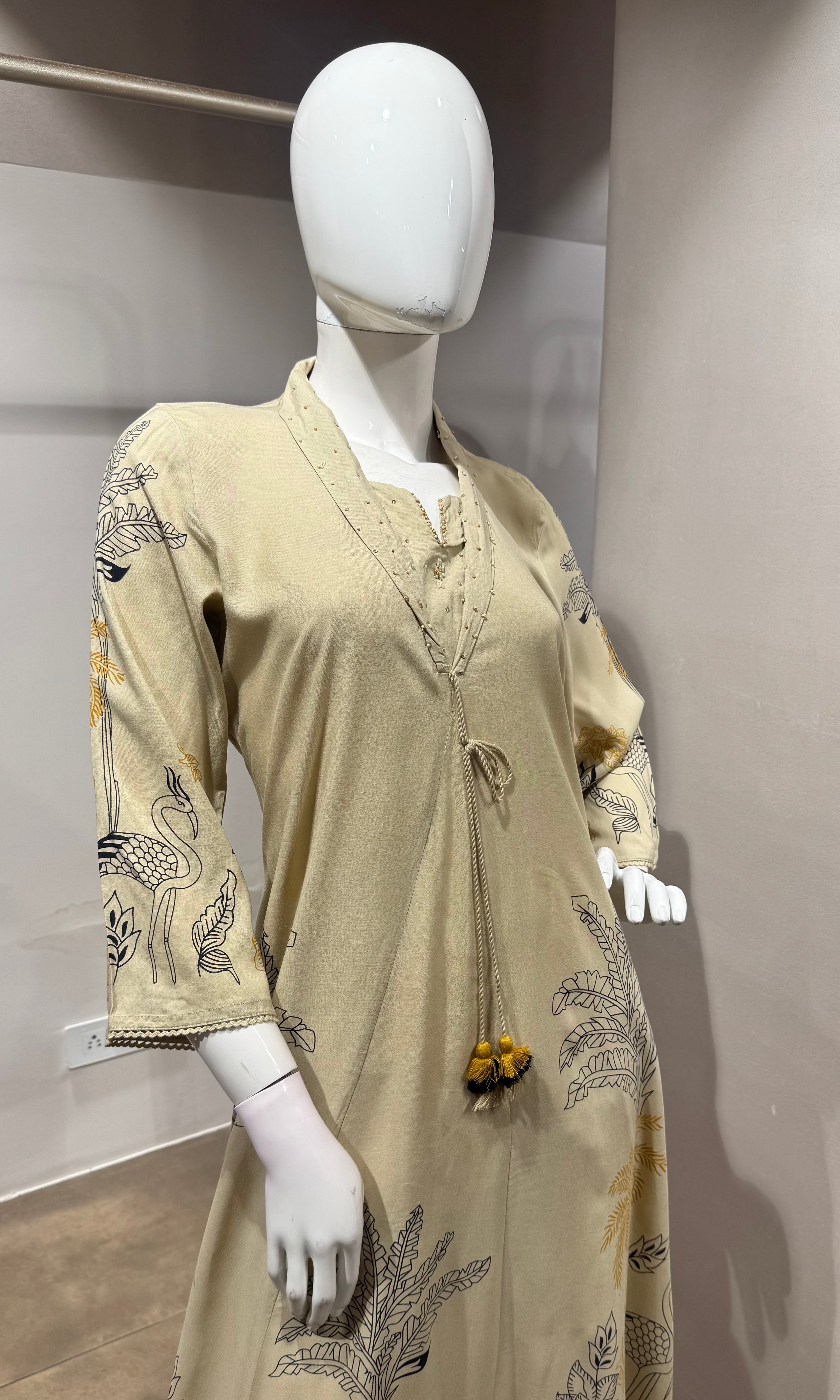Cream Printed A-Line Kurti set