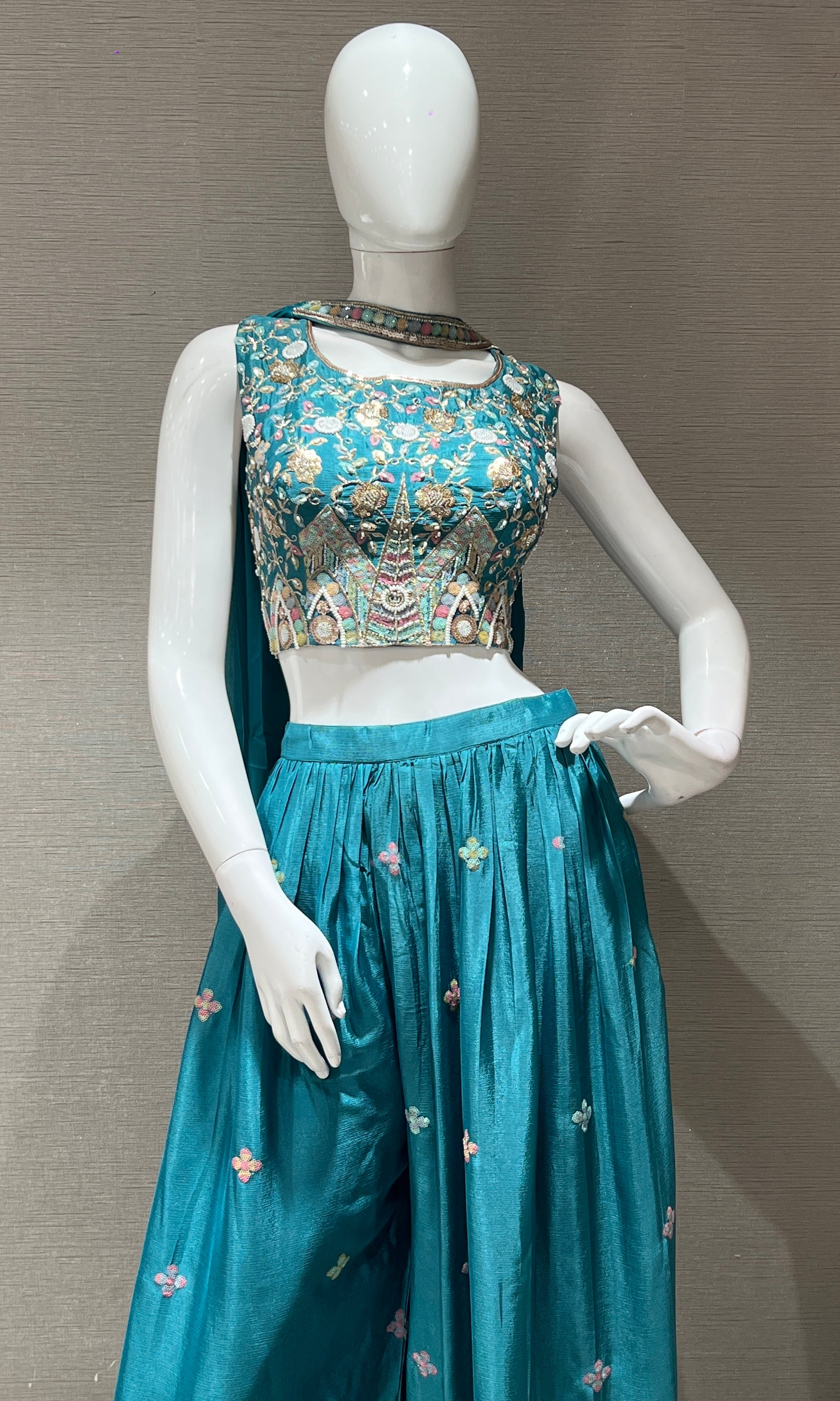 Sea Green Embroidered Crop Top Palazzo Set