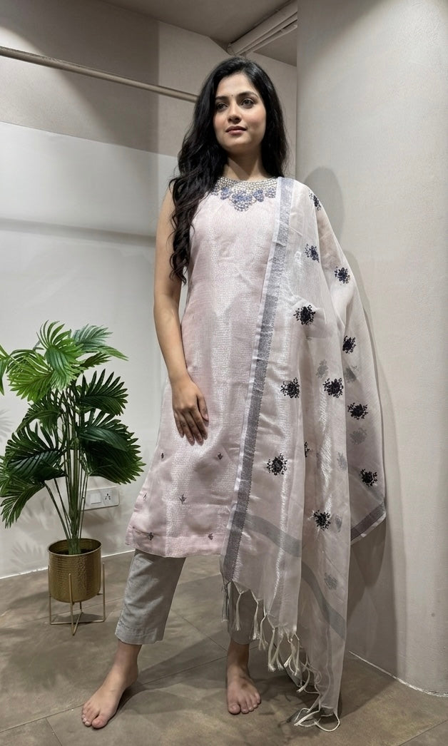 Baby Pink Embroidered Kota Kurta set