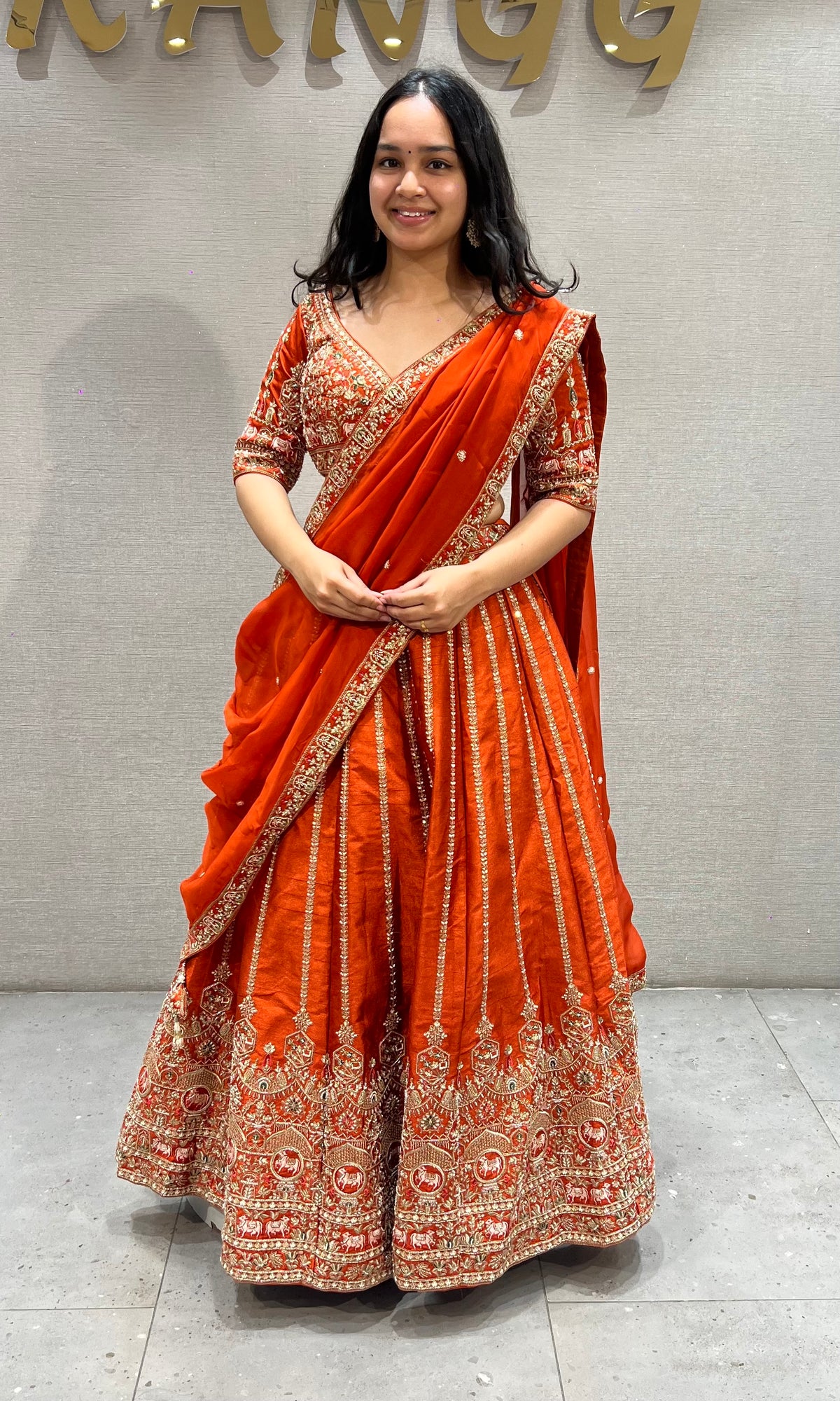 Bright Orange Embroidered Lehenga Choli Set