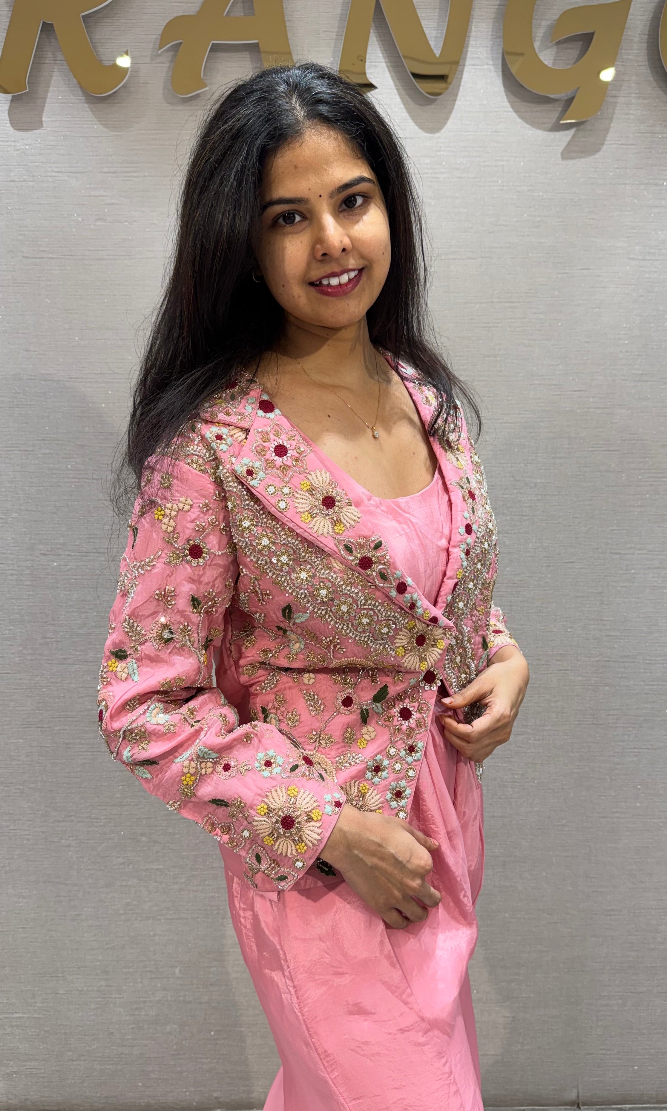 Baby Pink Silk Floral Jacket with Palazzo pants