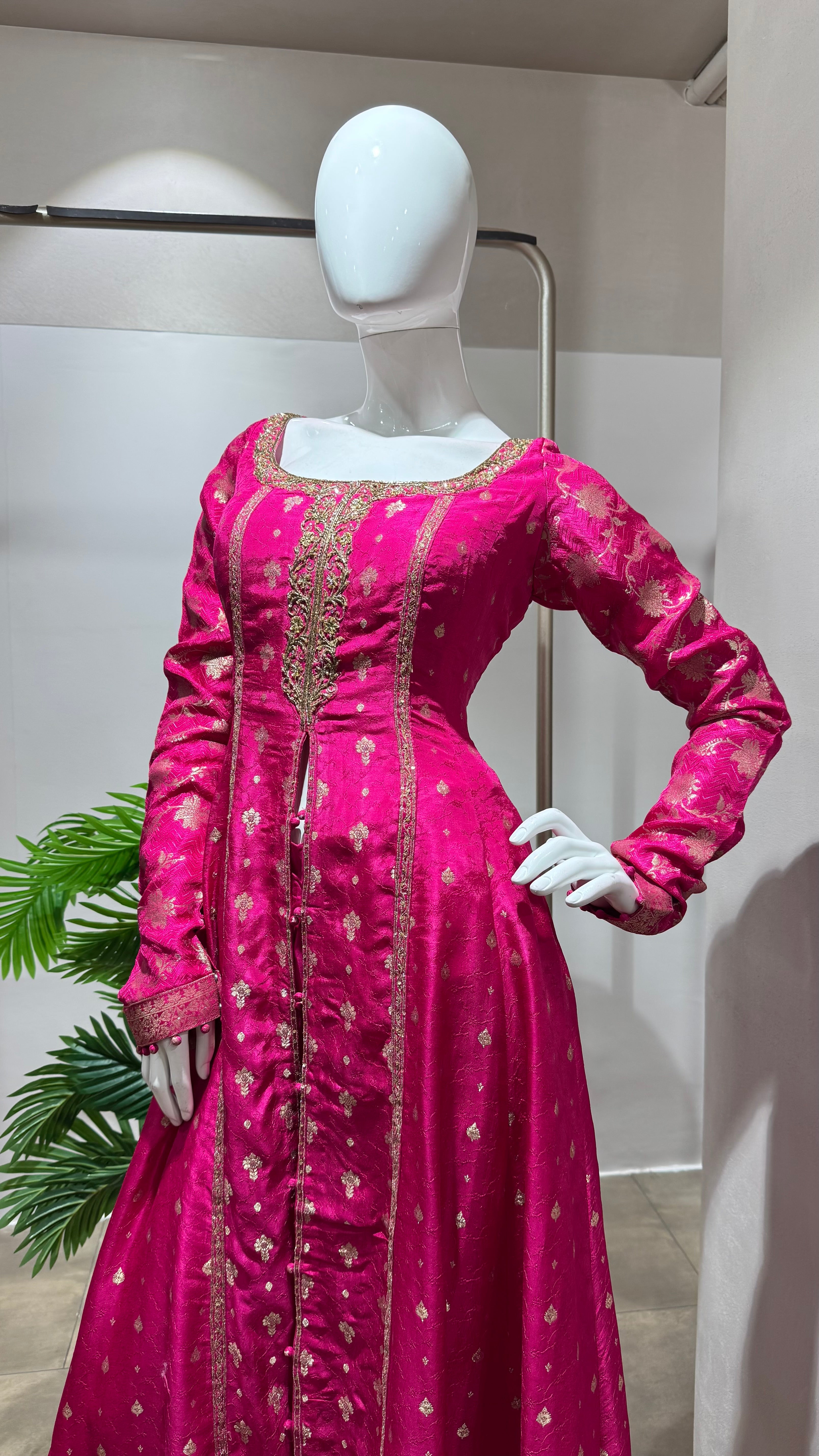 PINK GOLD EMBROIDERED FRONT SLIT ANARKALI SET