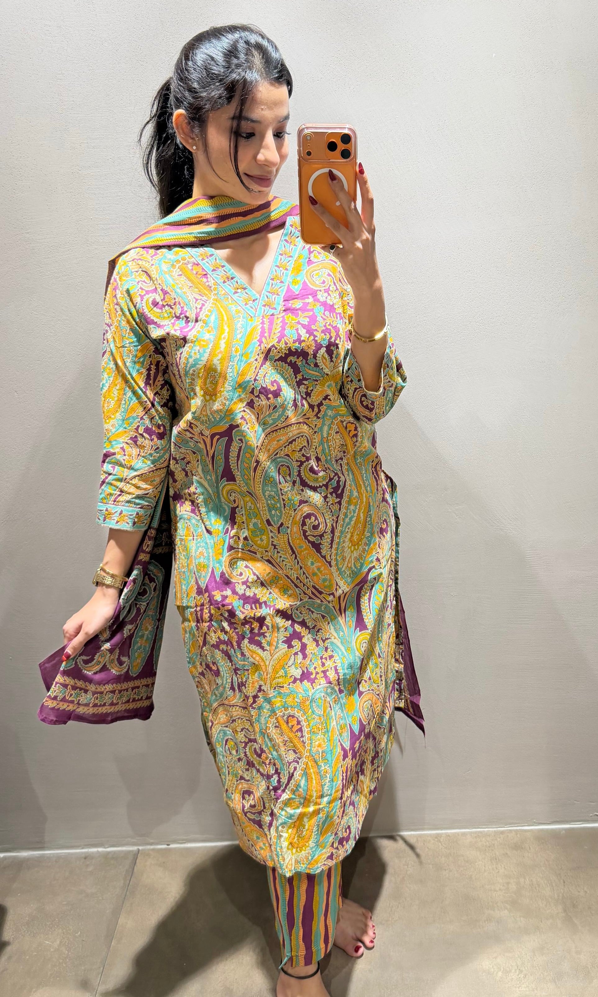 Violet paisley style cotton kurta set