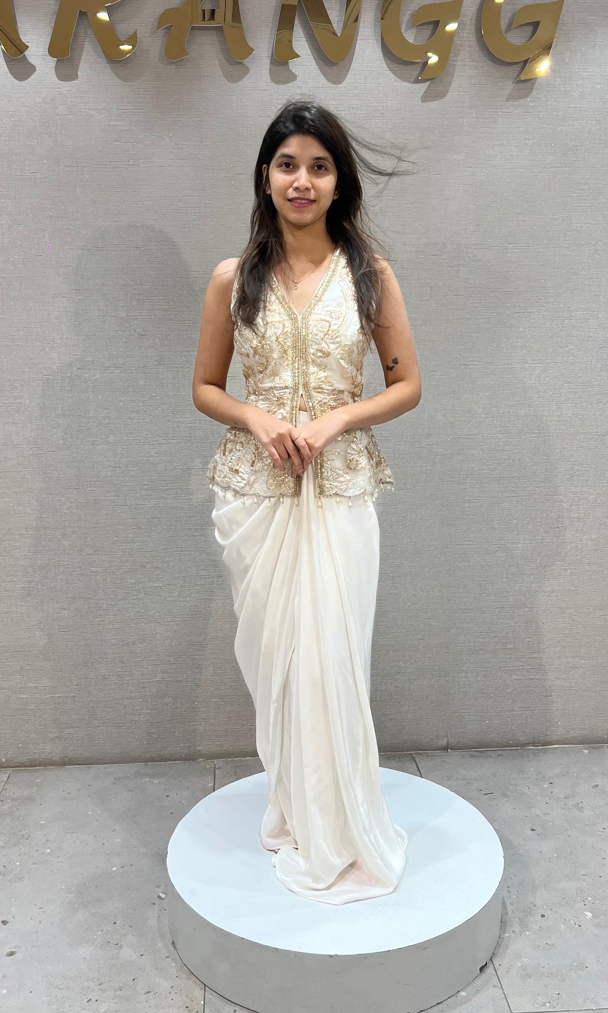 White Georgette Gold Embroidered Jacket with Draped Skirt